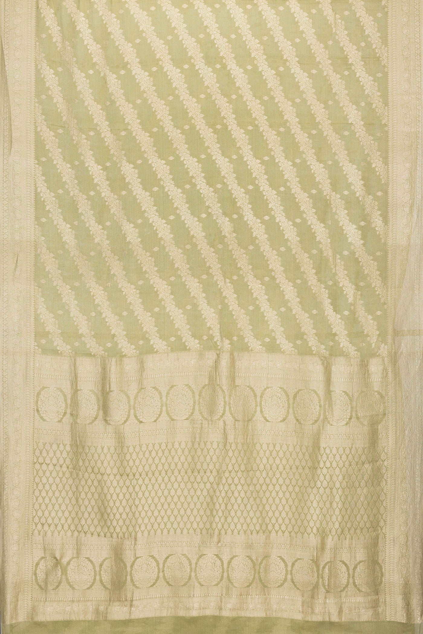Flat view of Mehandi Green Dual Tone Mysore Georgette Saree with Zari Brocade on the body and Zari Border. 