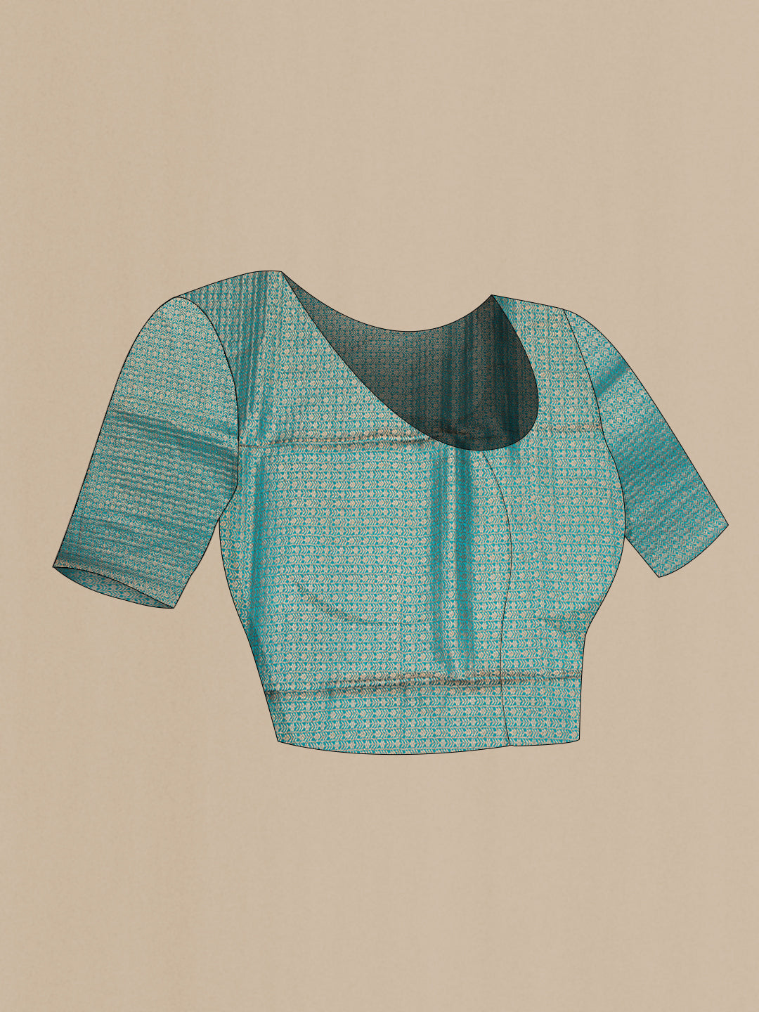 Close up image of the blouse of Teal Mysore Crepe Saree with Zari Brocade on the body and Zari And Thread Border. 