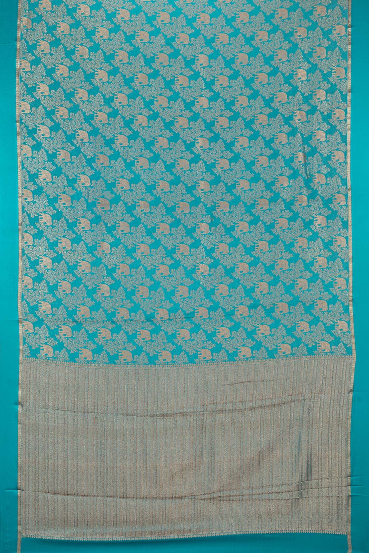 Flat view of Teal Mysore Crepe Saree with Zari Brocade on the body and Zari And Thread Border. 