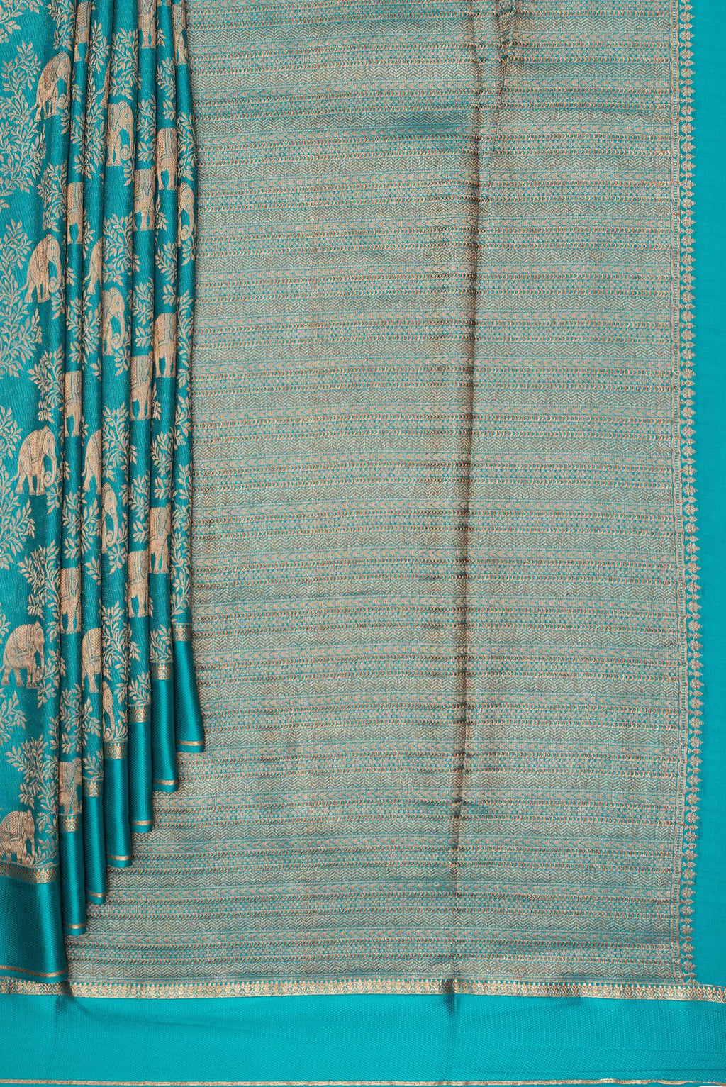 Pleats and pallu of Teal Mysore Crepe Saree with Zari Brocade on the body and Zari And Thread Border. 
