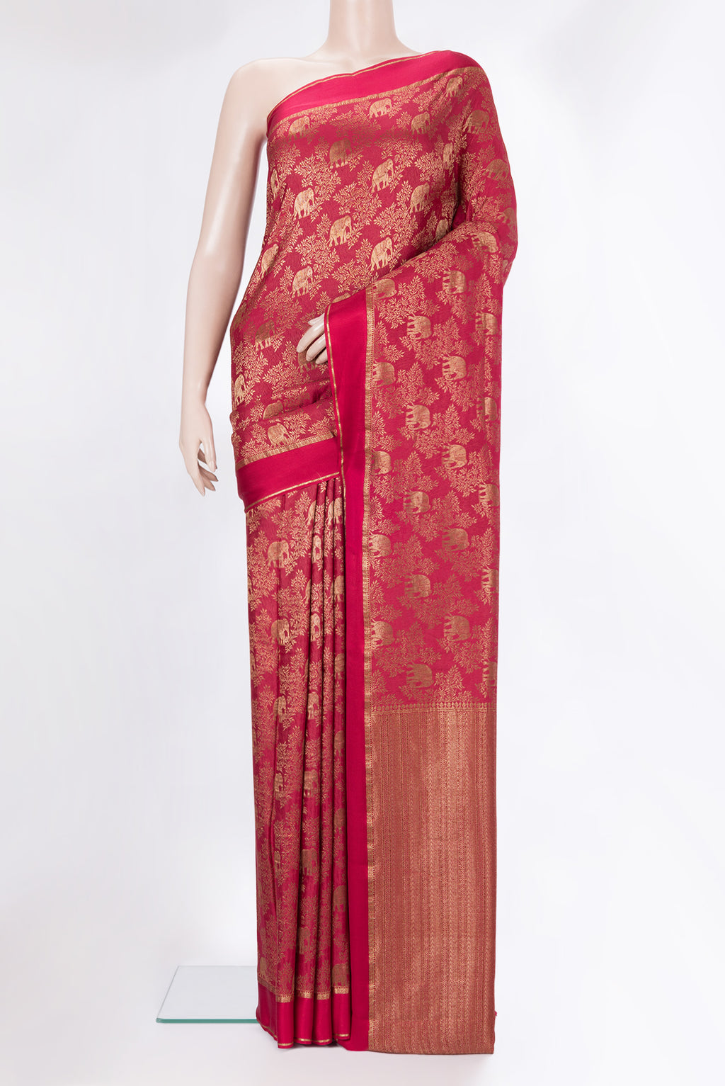 Dark Pink Dual Tone Banarasi Georgette Saree with Zari Brocade on the body and Zari Border.  displayed on a mannequin