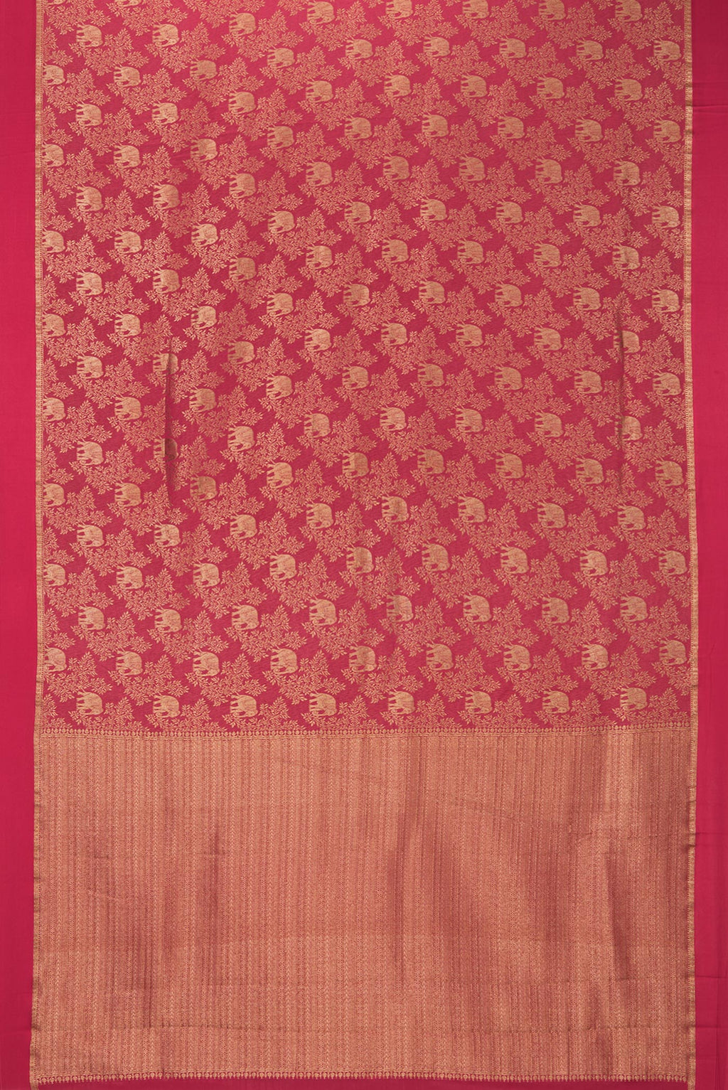Flat view of Dark Pink Dual Tone Banarasi Georgette Saree with Zari Brocade on the body and Zari Border. 