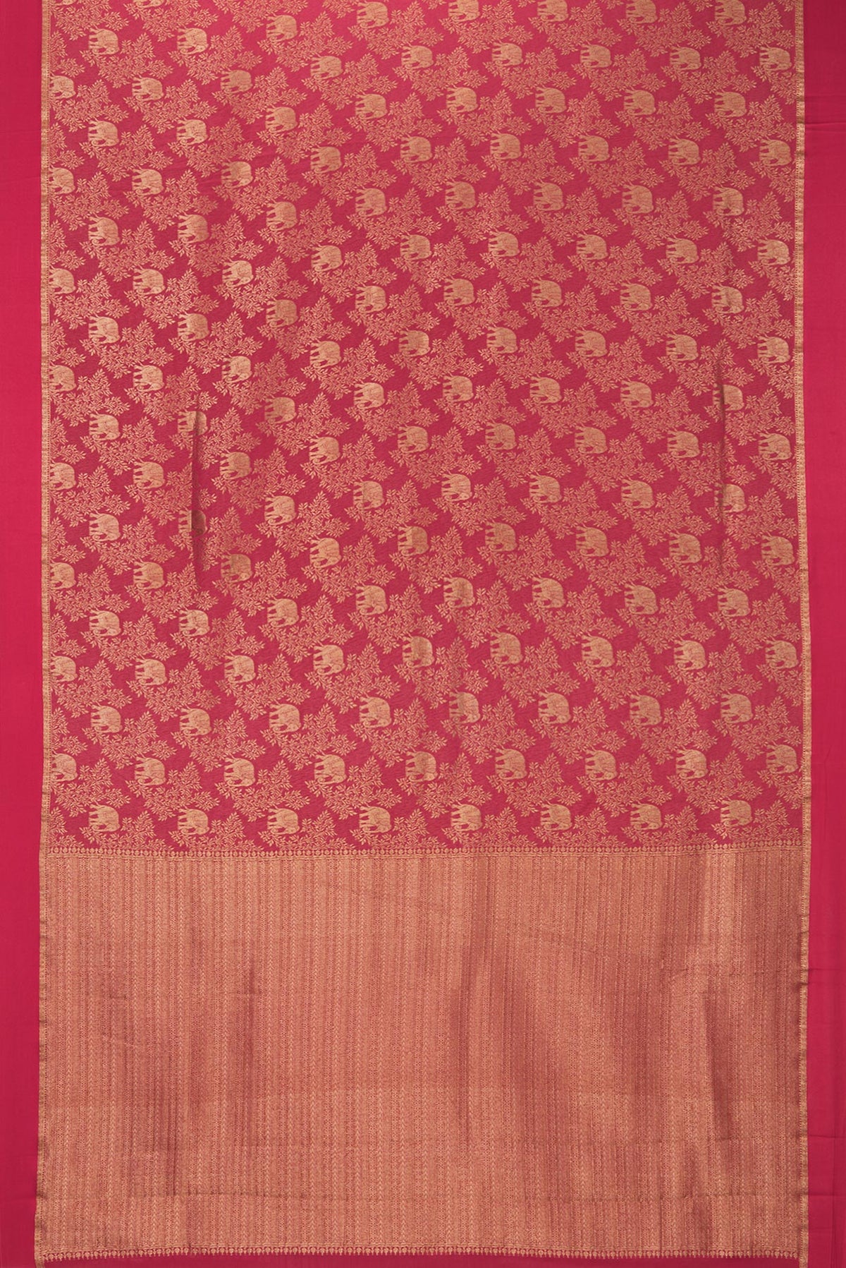 Flat view of Dark Pink Dual Tone Banarasi Georgette Saree with Zari Brocade on the body and Zari Border. 