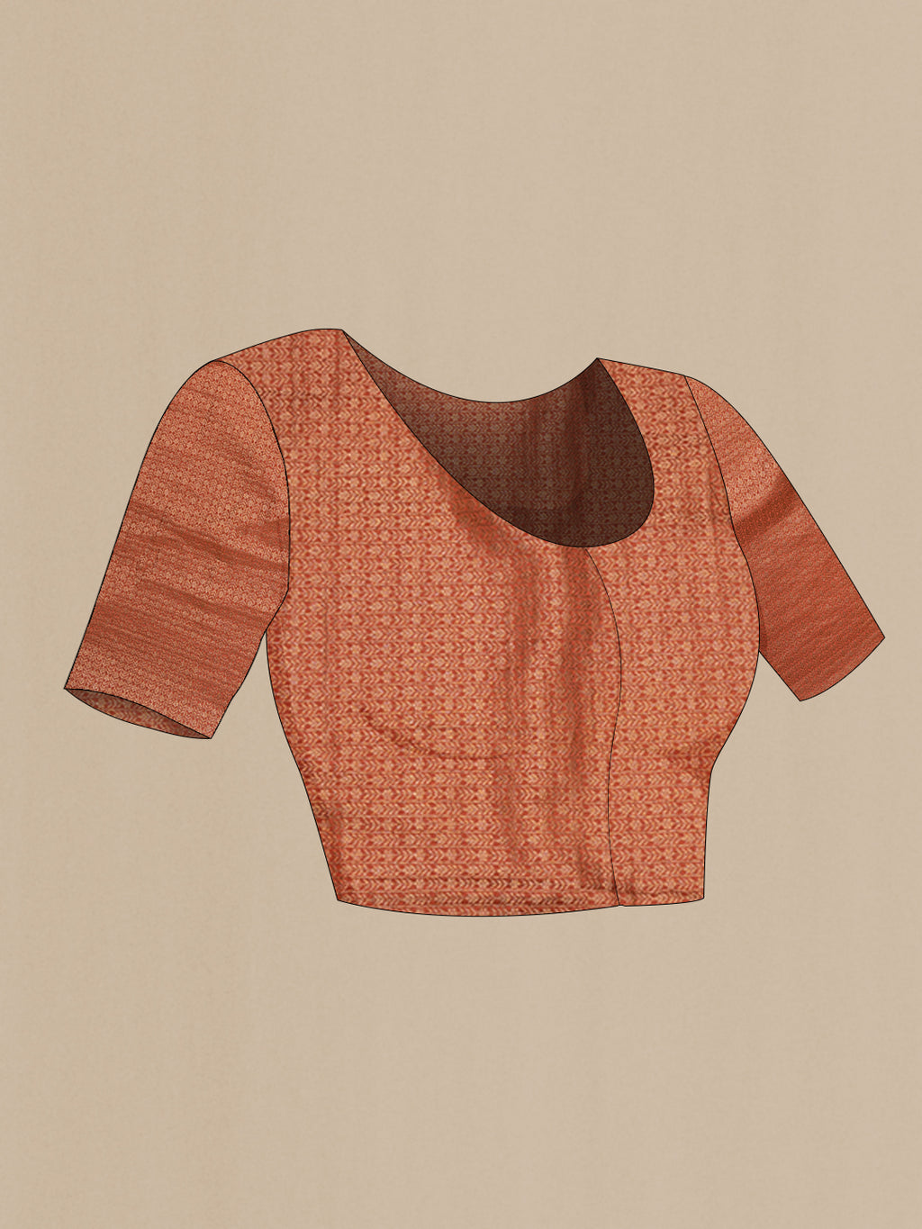 Close up image of the blouse of Rust Georgette Saree with Zari Brocade on the body and Zari Border. 