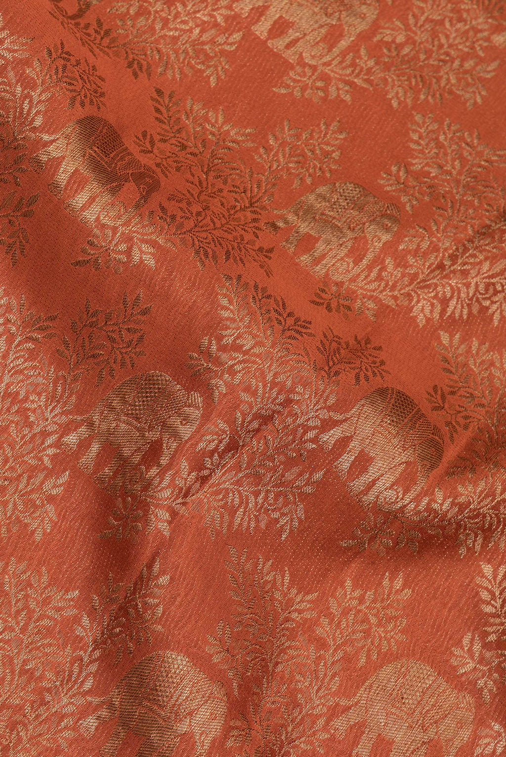Close up of Rust Georgette Saree with Zari Brocade on the body and Zari Border.  displaying folds