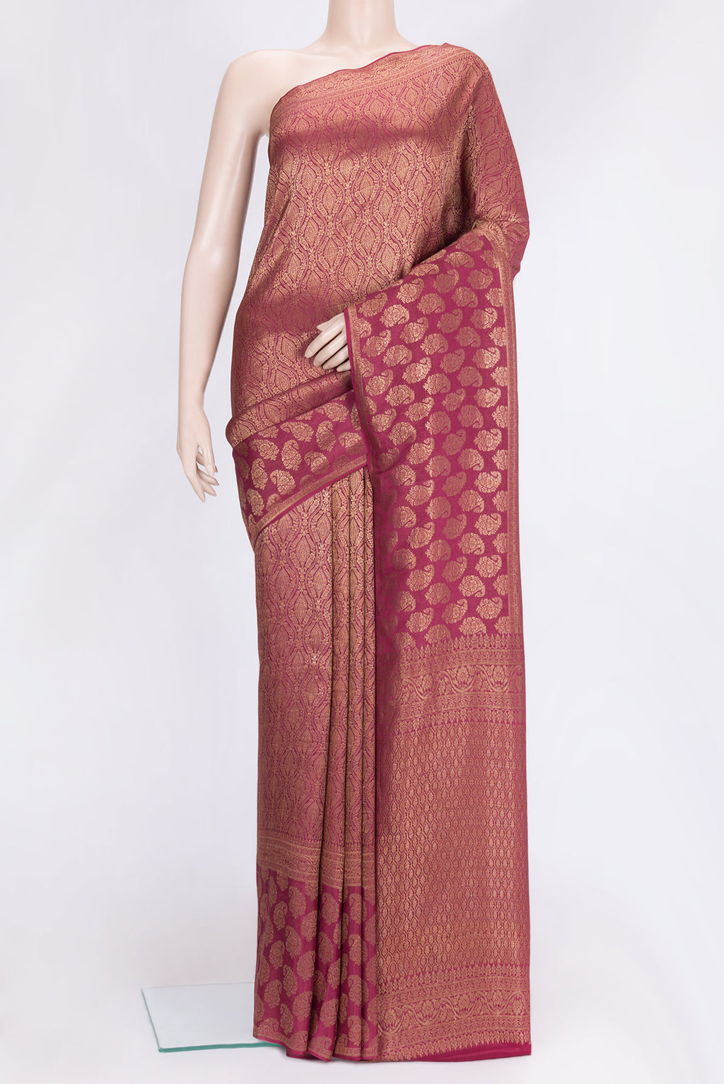 Magenta Dual Tone Banarasi Georgette Saree with Zari Brocade on the body and Zari Border.  displayed on a mannequin