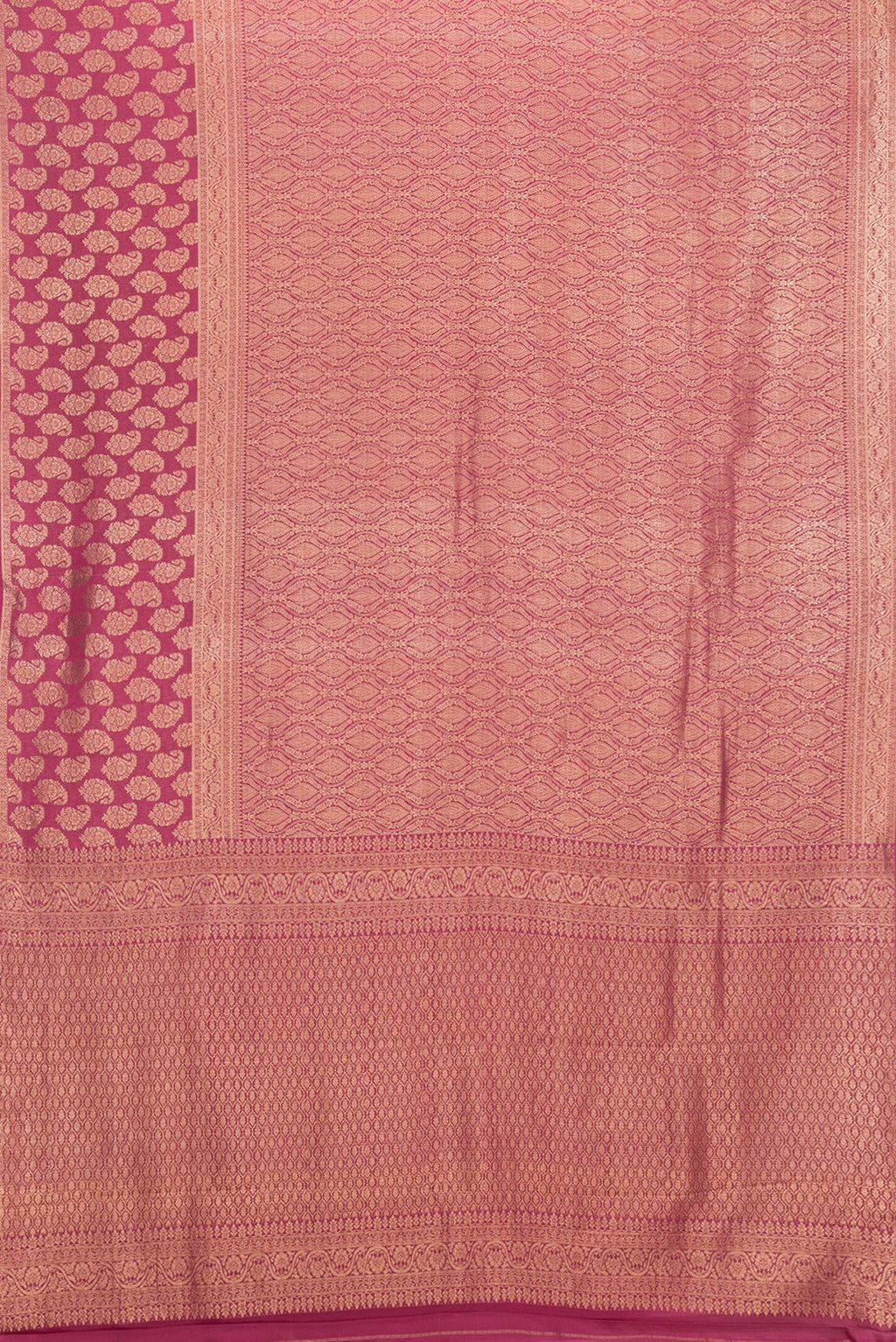 Flat view of Magenta Dual Tone Banarasi Georgette Saree with Zari Brocade on the body and Zari Border. 