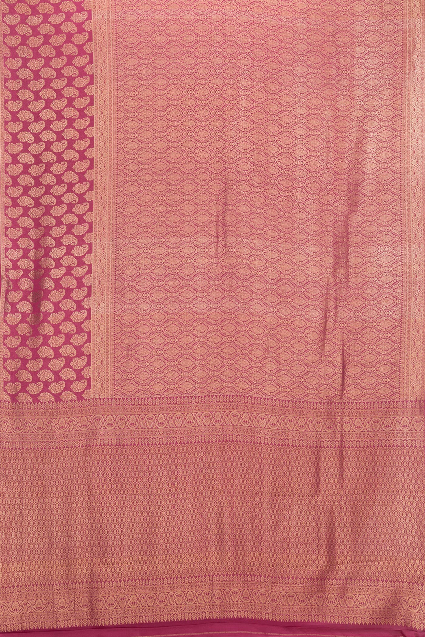 Flat view of Magenta Dual Tone Banarasi Georgette Saree with Zari Brocade on the body and Zari Border. 