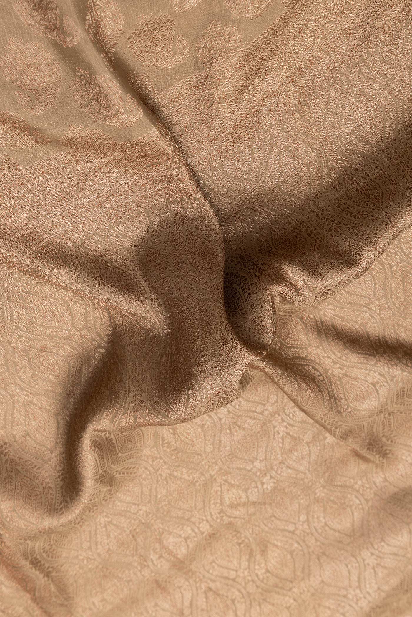 Close up of Dark Beige Dual Tone Georgette Saree with Zari Brocade on the body and Fancy Border.  displaying folds