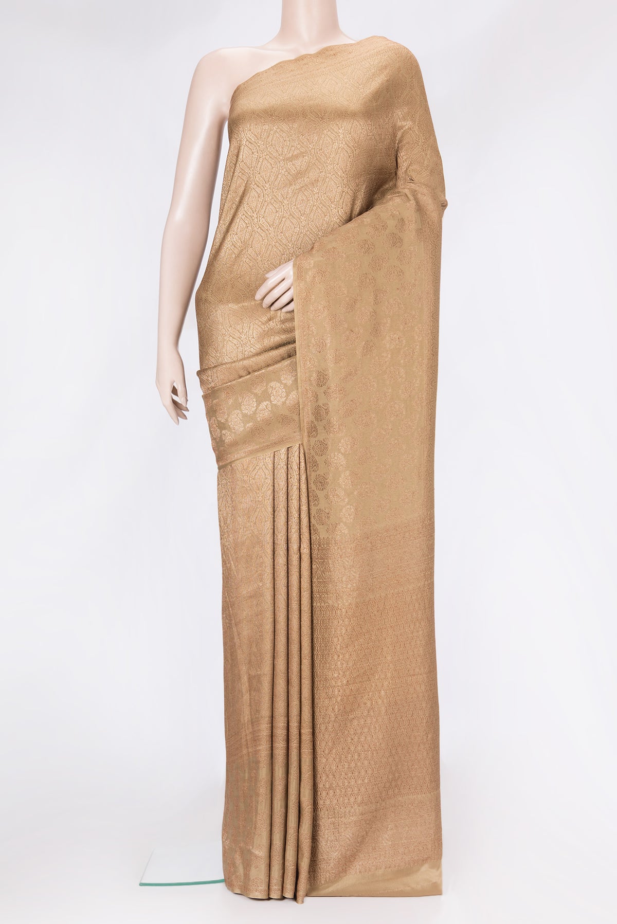 Dark Beige Dual Tone Georgette Saree with Zari Brocade on the body and Fancy Border.  displayed on a mannequin
