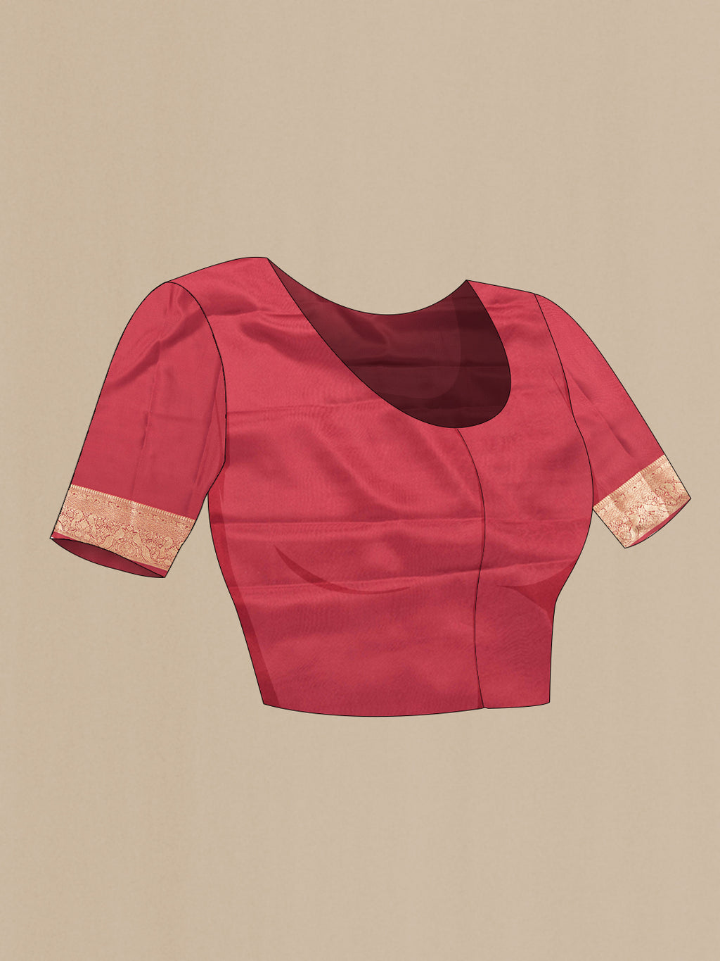 Close up image of the blouse of Maroon Dual Tone Mysore Georgette Saree with Zari Butta on the body and Zari Border. 