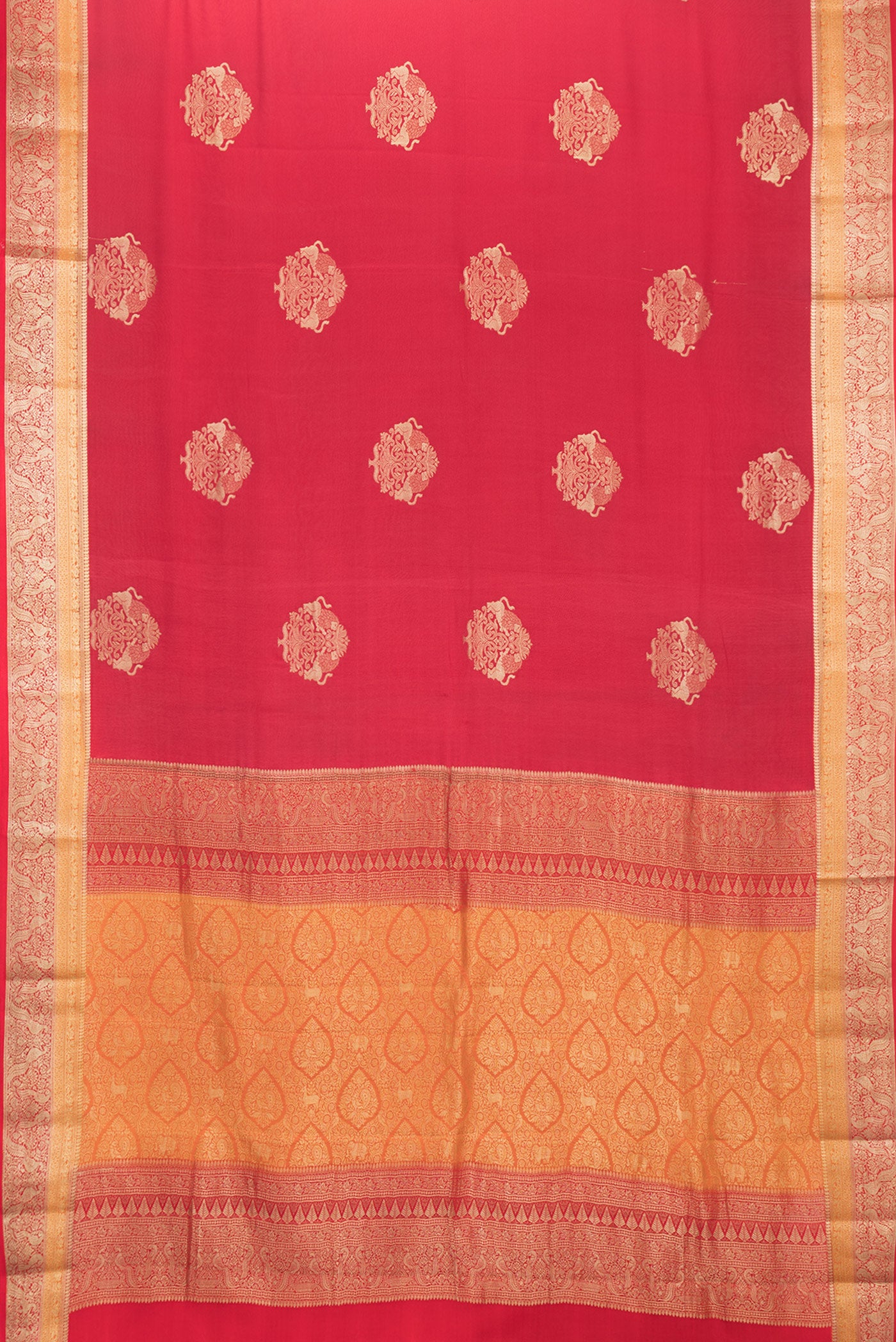 Flat view of Maroon Dual Tone Mysore Georgette Saree with Zari Butta on the body and Zari Border. 