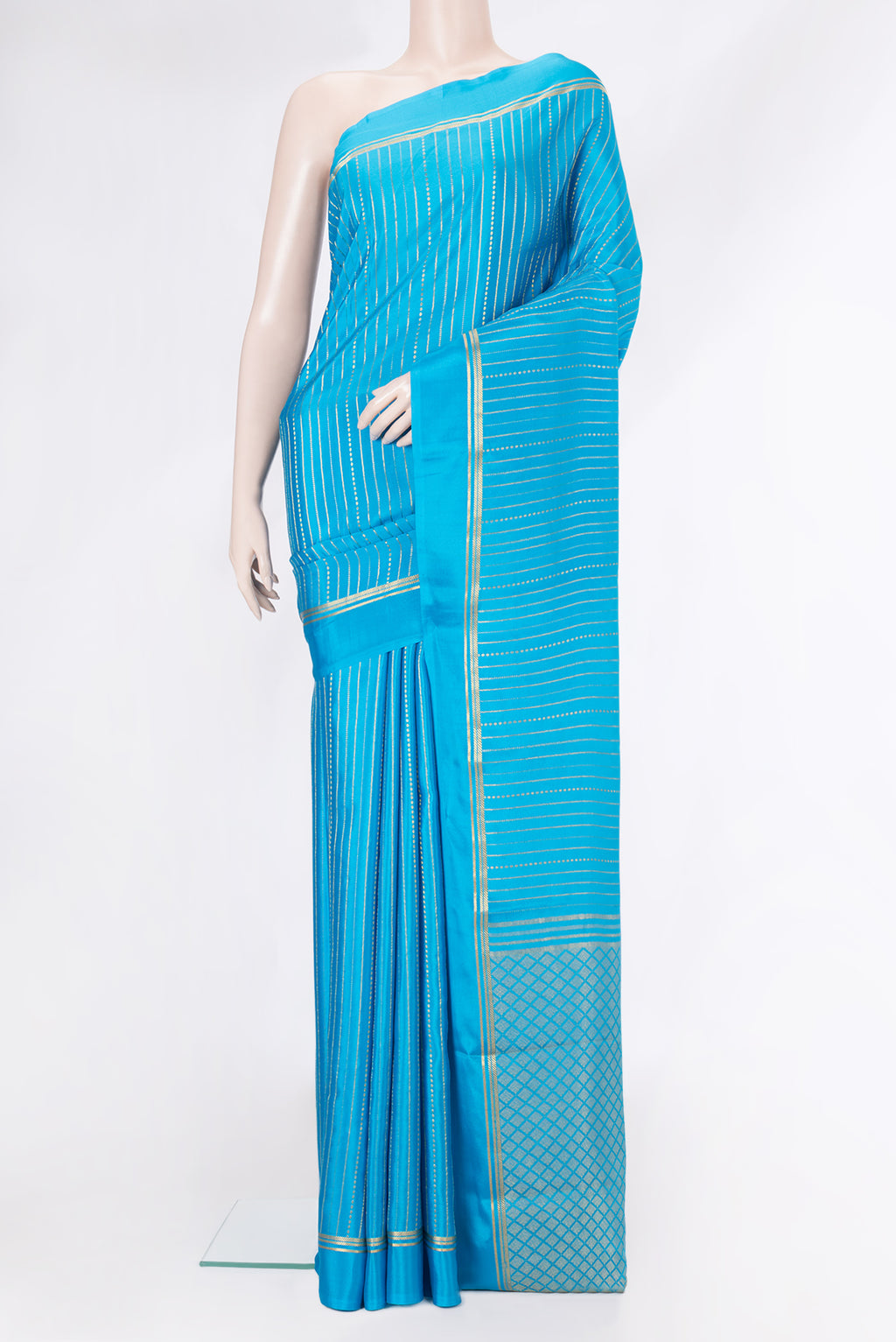 Sky Blue Dual Tone Mysore Silk Saree with Stripes on the body and Zari Border.  displayed on a mannequin