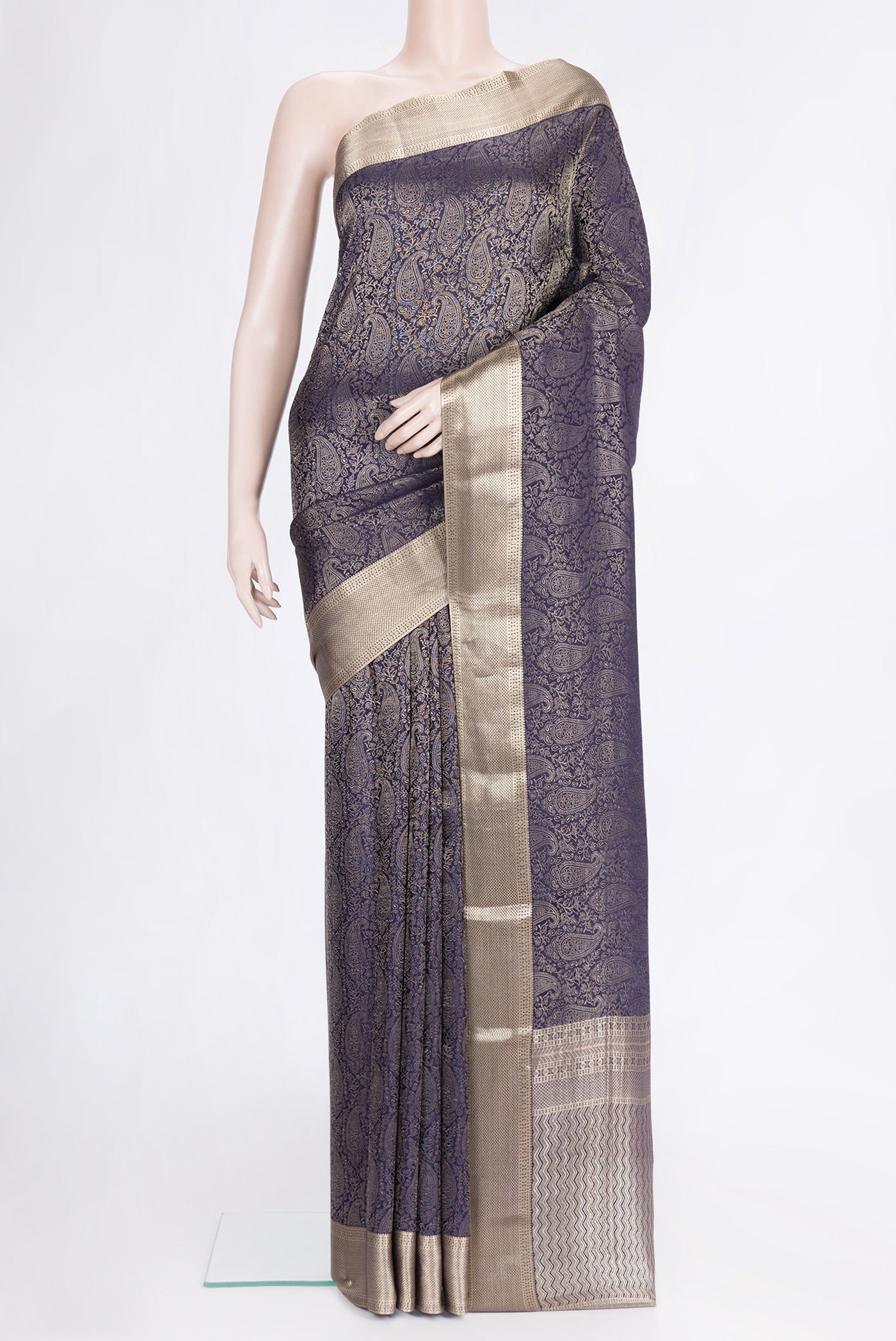 Navy Blue Dual Tone Mysore Silk Saree with Zari Brocade on the body and Zari Border.  displayed on a mannequin