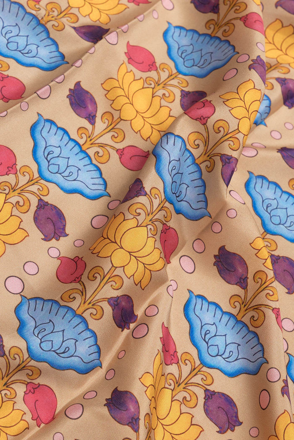 Close up of Beige Dual Tone Mysore Silk Saree with Printed design on the body and Zari Border.  displaying folds