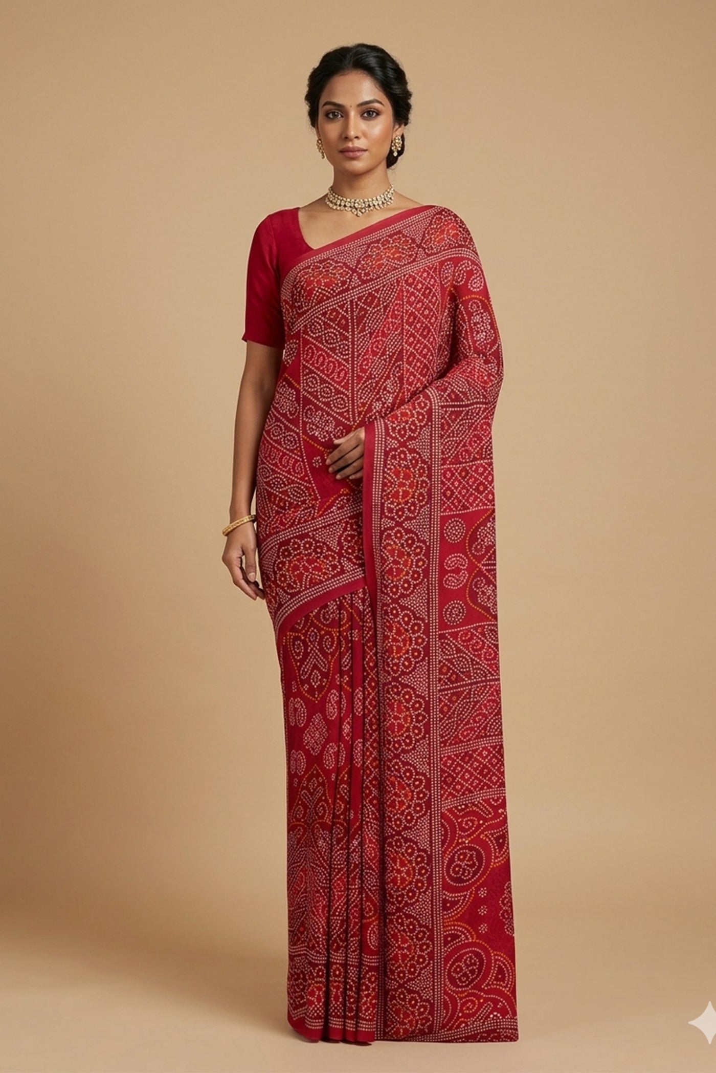 Model wearing a Red Mysore Crepe Saree with Bandhani Print on the body and Printed Border.