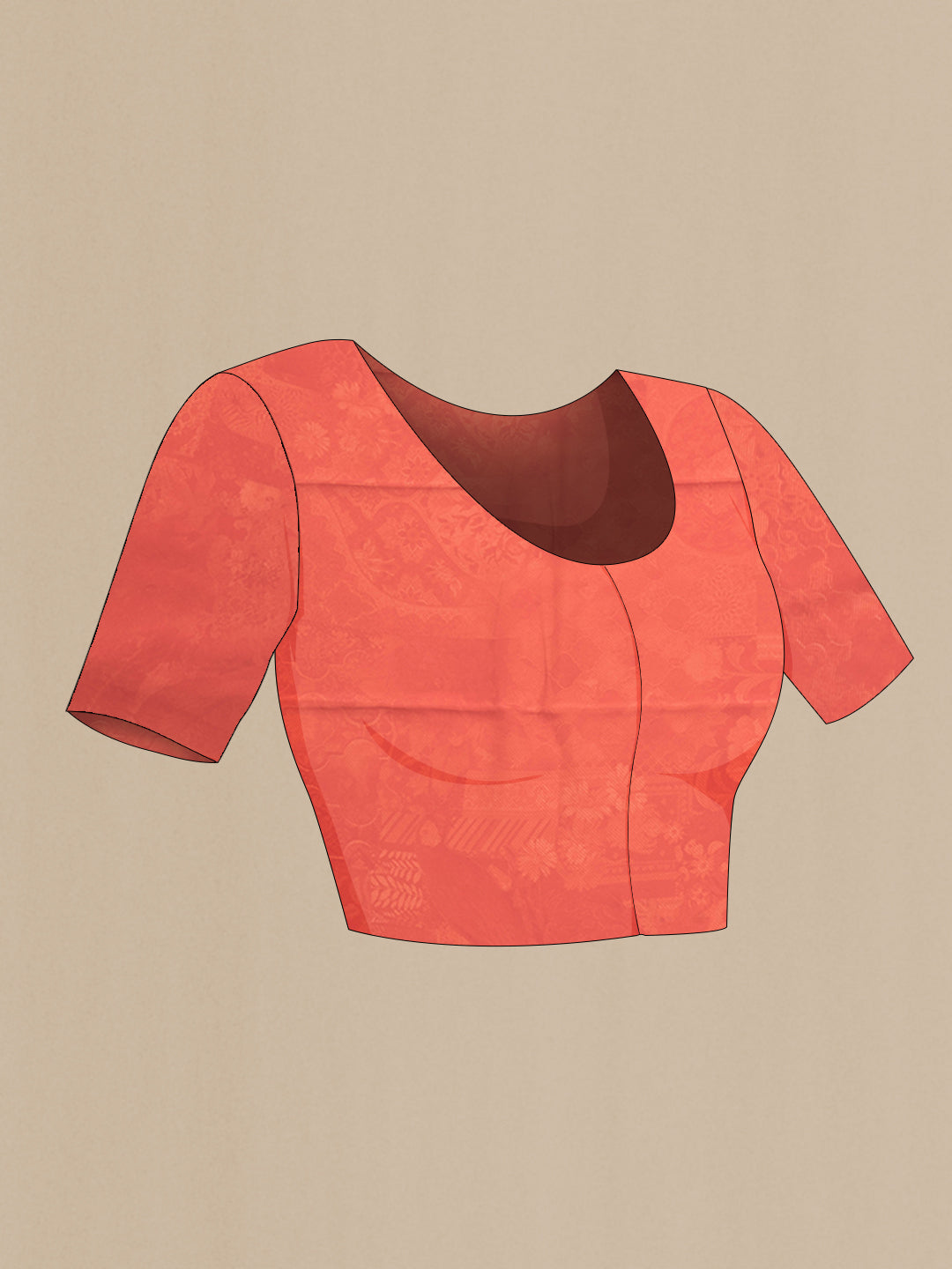 Close up image of the blouse of Orange Dual Tone Crepe Saree with Printed design on the body and Plain Border. 