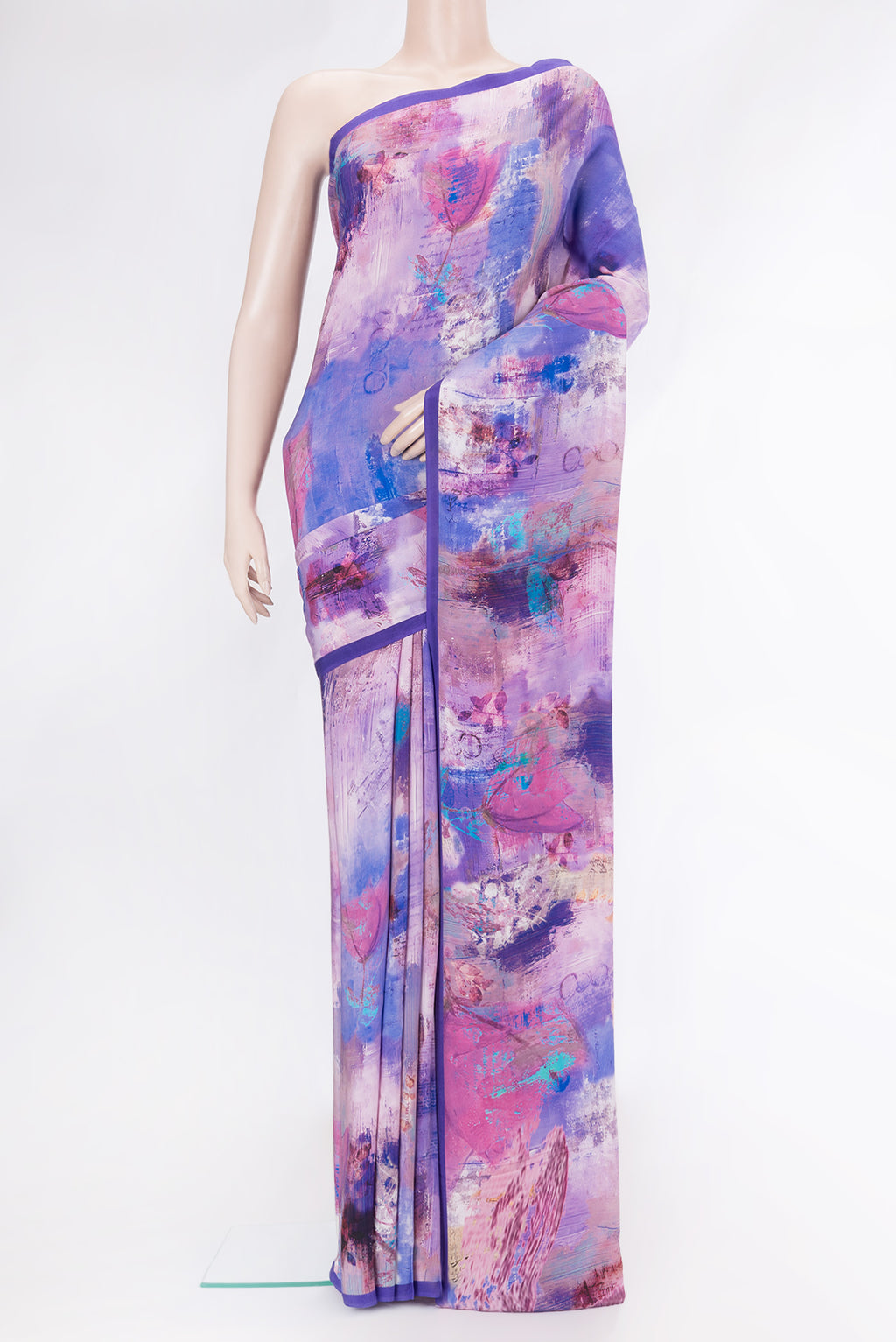 Lavender Dual Tone Mysore Crepe Saree with Printed design on the body and Plain Border.  displayed on a mannequin
