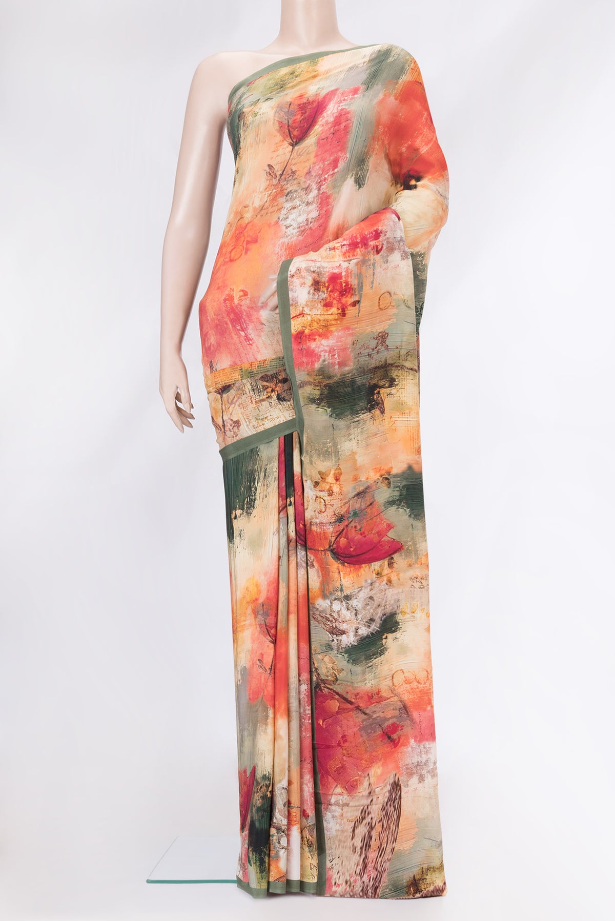 Multi Color Mysore Crepe Saree with Printed design on the body and Plain Border.  displayed on a mannequin
