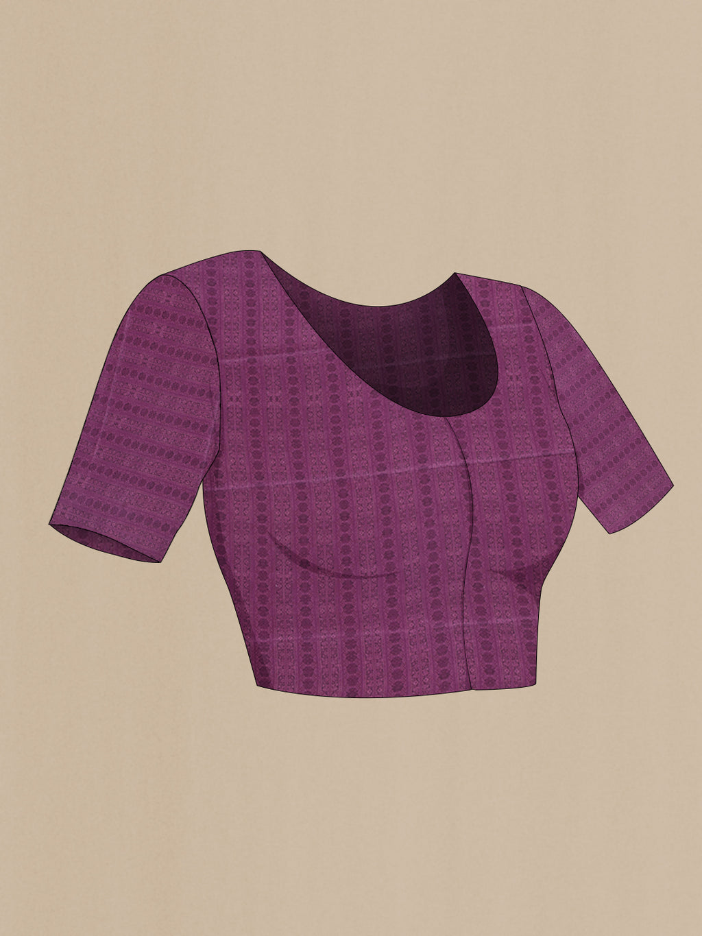 Close up image of the blouse of Purple Crepe Saree with Printed design on the body and Printed Border. 