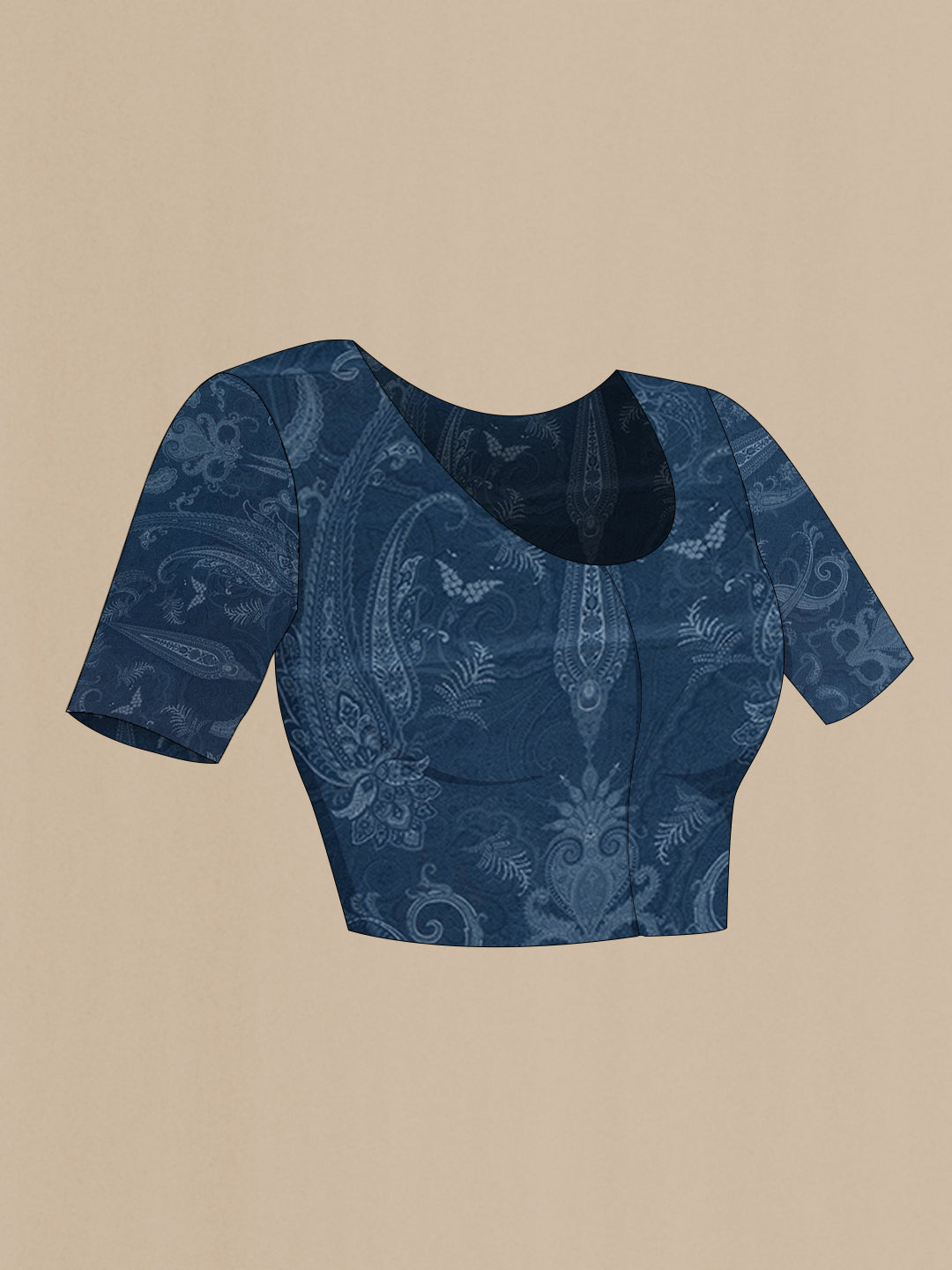 Close up image of the blouse of Navy Blue Crepe Saree with Printed design on the body and Plain Border. 