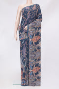 Navy Blue Crepe Saree with Printed design on the body and Plain Border.  displayed on a mannequin