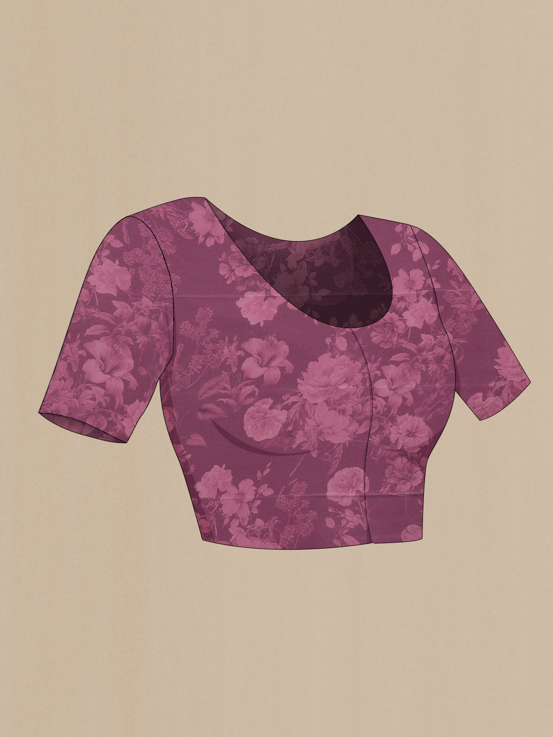 Close up image of the blouse of Magenta Dual Tone Mysore Crepe Saree with Printed design on the body and Without Border. 