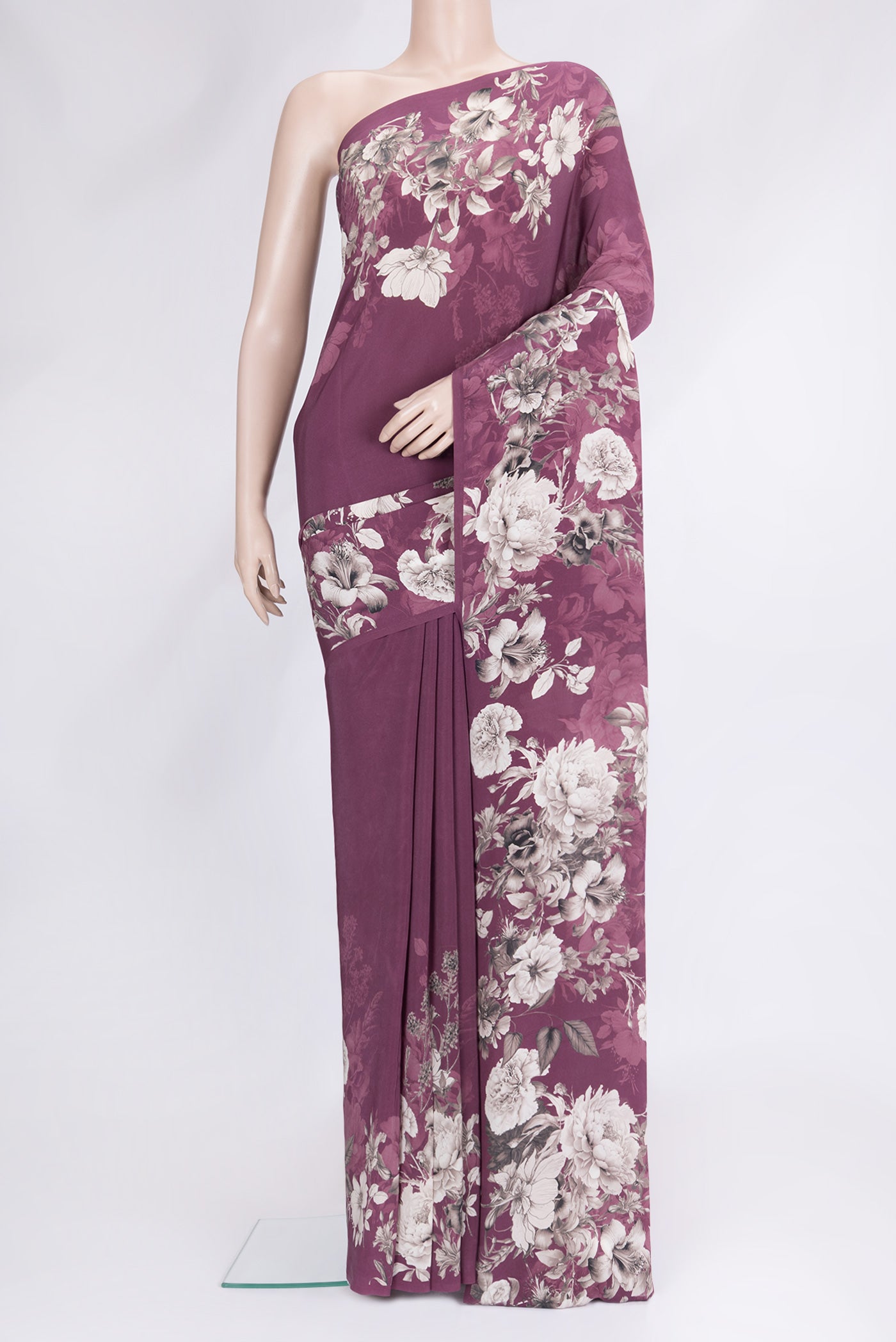 Magenta Dual Tone Mysore Crepe Saree with Printed design on the body and Without Border.  displayed on a mannequin
