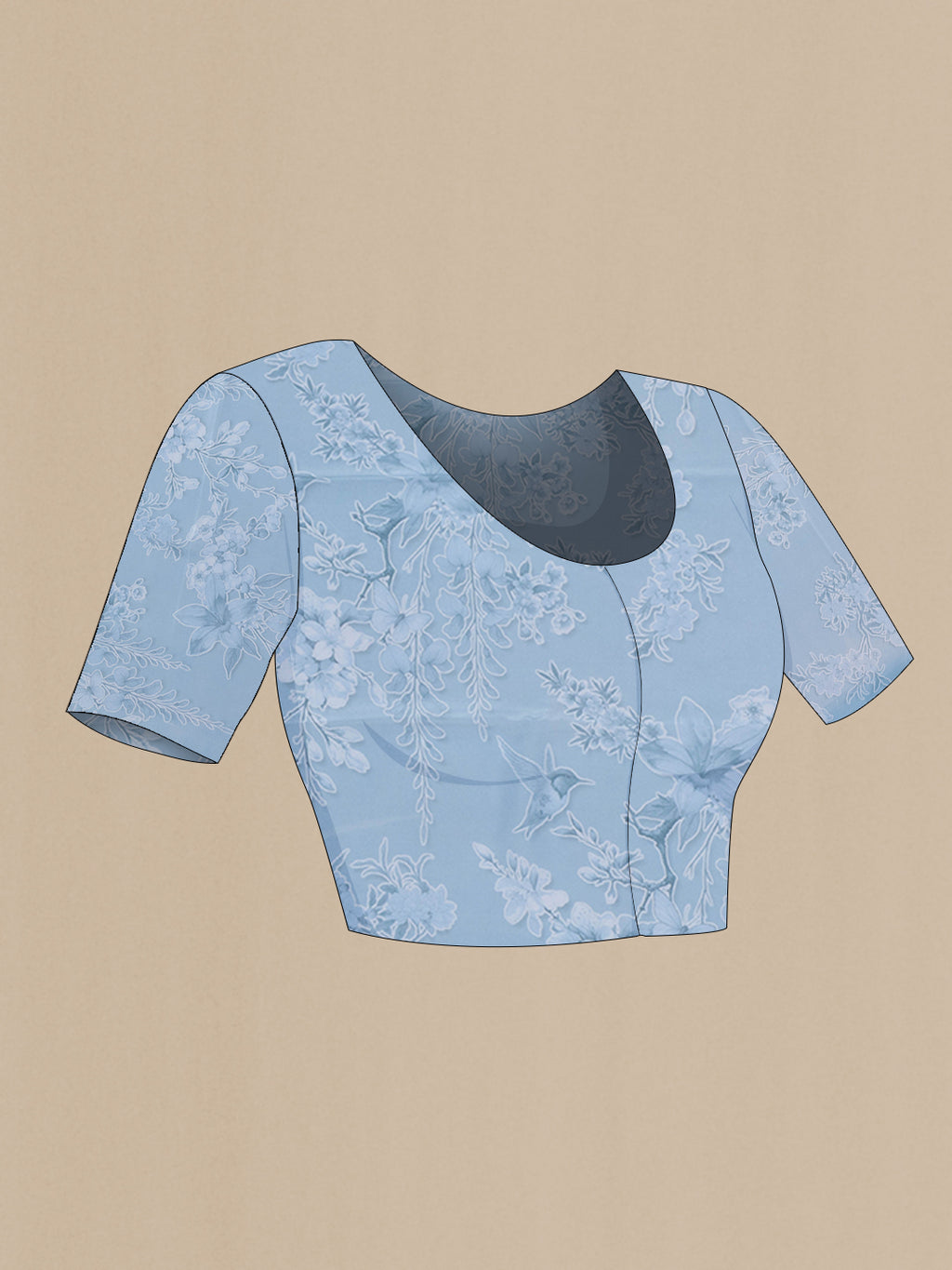 Close up image of the blouse of Light Blue Crepe Saree with Printed design on the body and Without Border. 