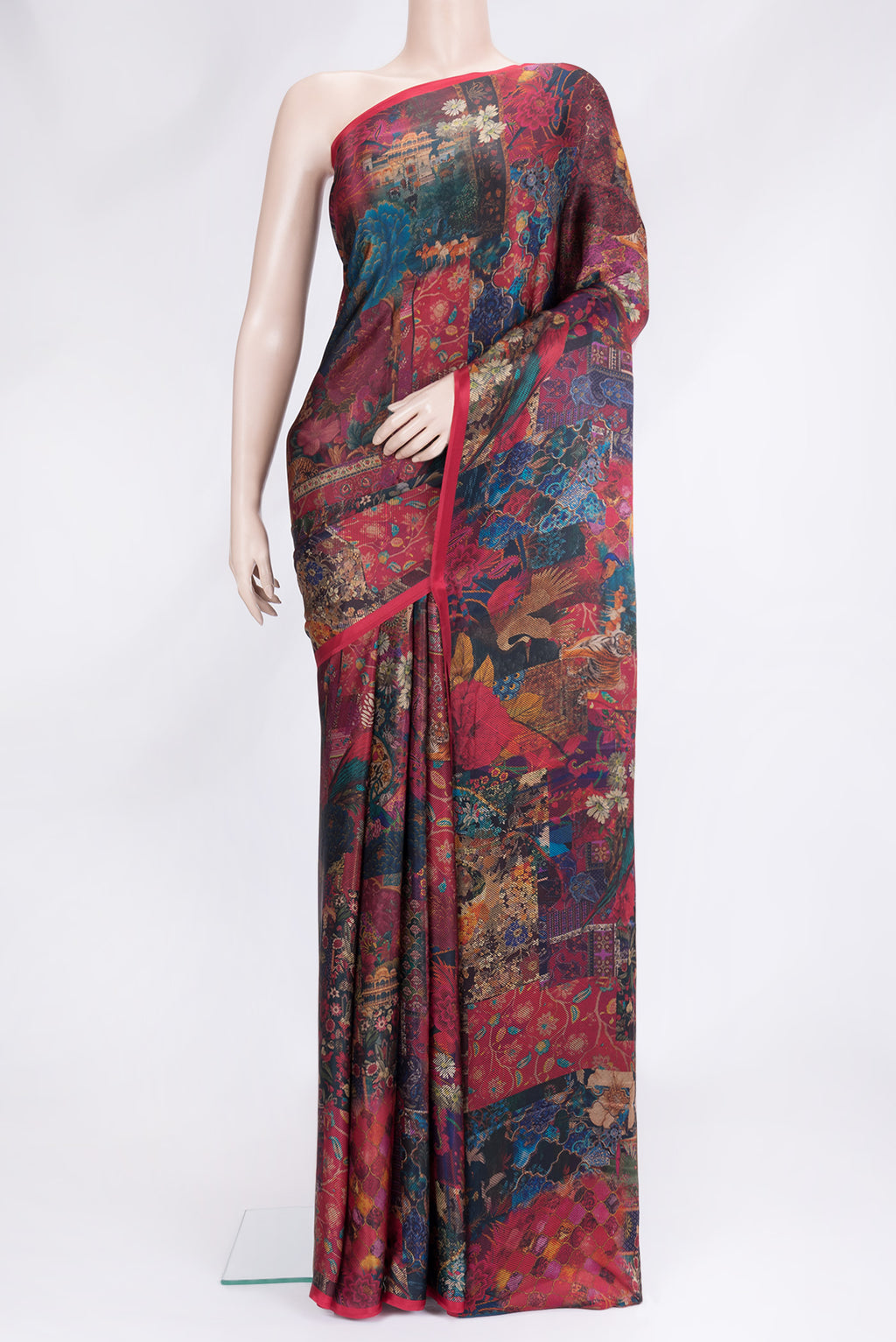 Maroon Dual Tone Mysore Crepe Saree with Printed design on the body and Without Border.  displayed on a mannequin