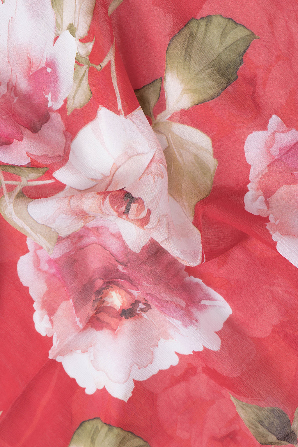 Close up of Red Dual Tone Mysore Chiffon Saree with Printed design on the body and Without Border.  displaying folds