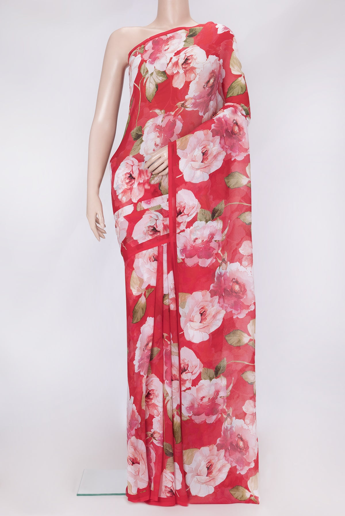 Red Dual Tone Mysore Chiffon Saree with Printed design on the body and Without Border.  displayed on a mannequin