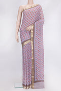 Lavender Dual Tone Mysore Chiffon Saree with Printed design on the body and Zari Border.  displayed on a mannequin