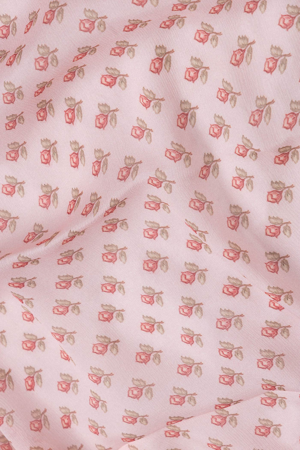 Close up of Rose Gold Dual Tone Mysore Chiffon Saree with Printed design on the body and Zari Border.  displaying folds