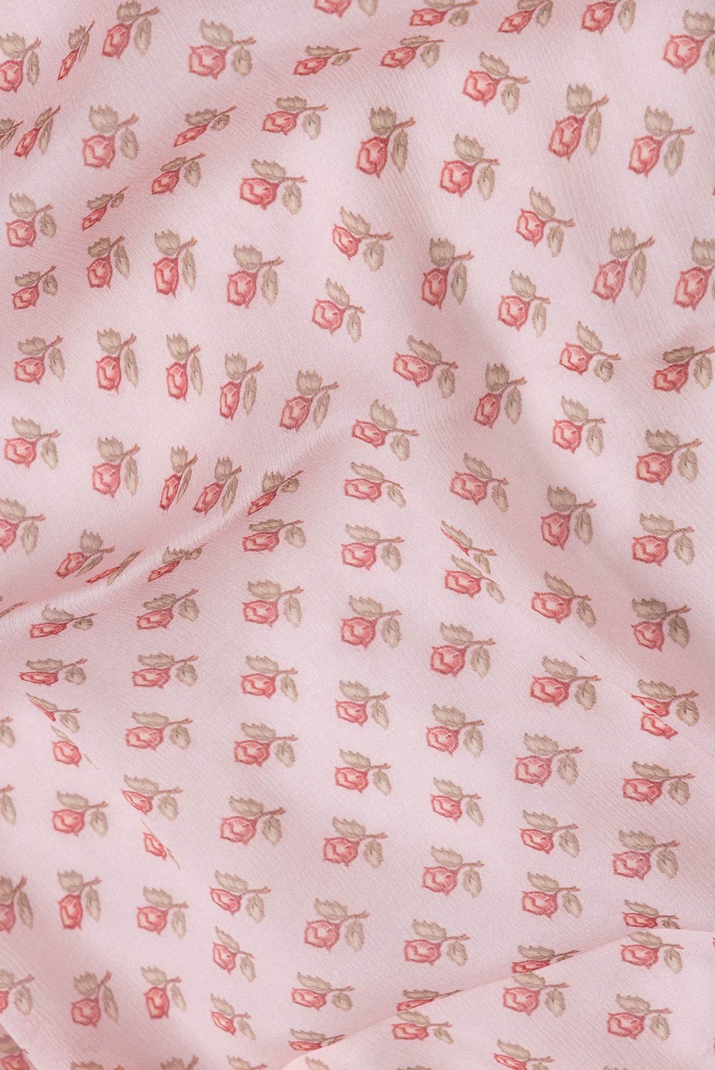 Close up of Rose Gold Dual Tone Mysore Chiffon Saree with Printed design on the body and Zari Border.  displaying folds
