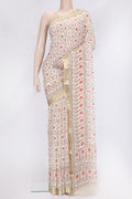 Sandal Dual Tone Mysore Chiffon Saree with Printed design on the body and Zari Border.  displayed on a mannequin
