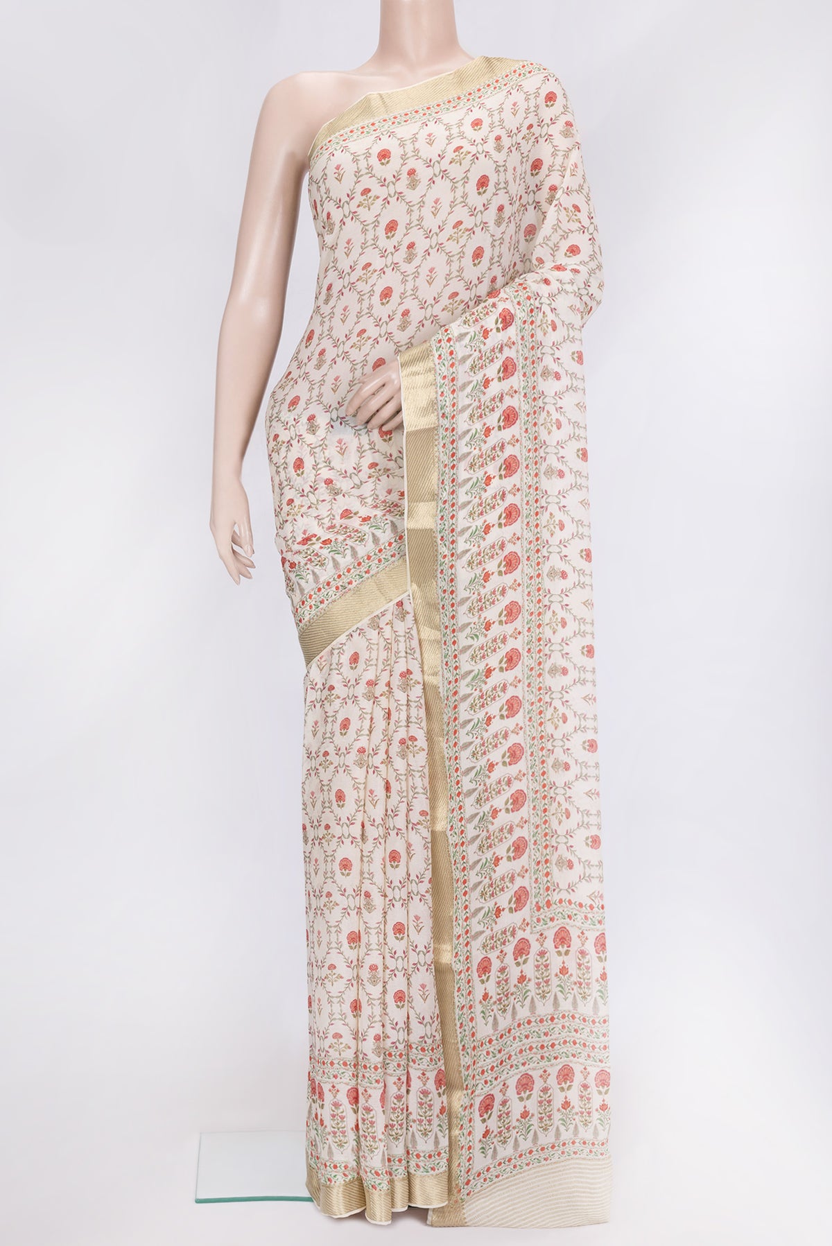 Sandal Dual Tone Mysore Chiffon Saree with Printed design on the body and Zari Border.  displayed on a mannequin
