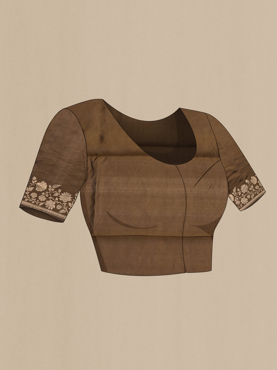 Close up image of the blouse of Brown Dual Tone Tussar Silk Saree with Zari Butta on the body and Zari Border. 