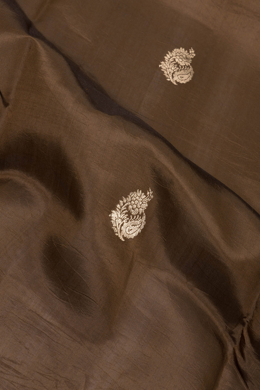 Close up of Brown Dual Tone Tussar Silk Saree with Zari Butta on the body and Zari Border.  displaying folds