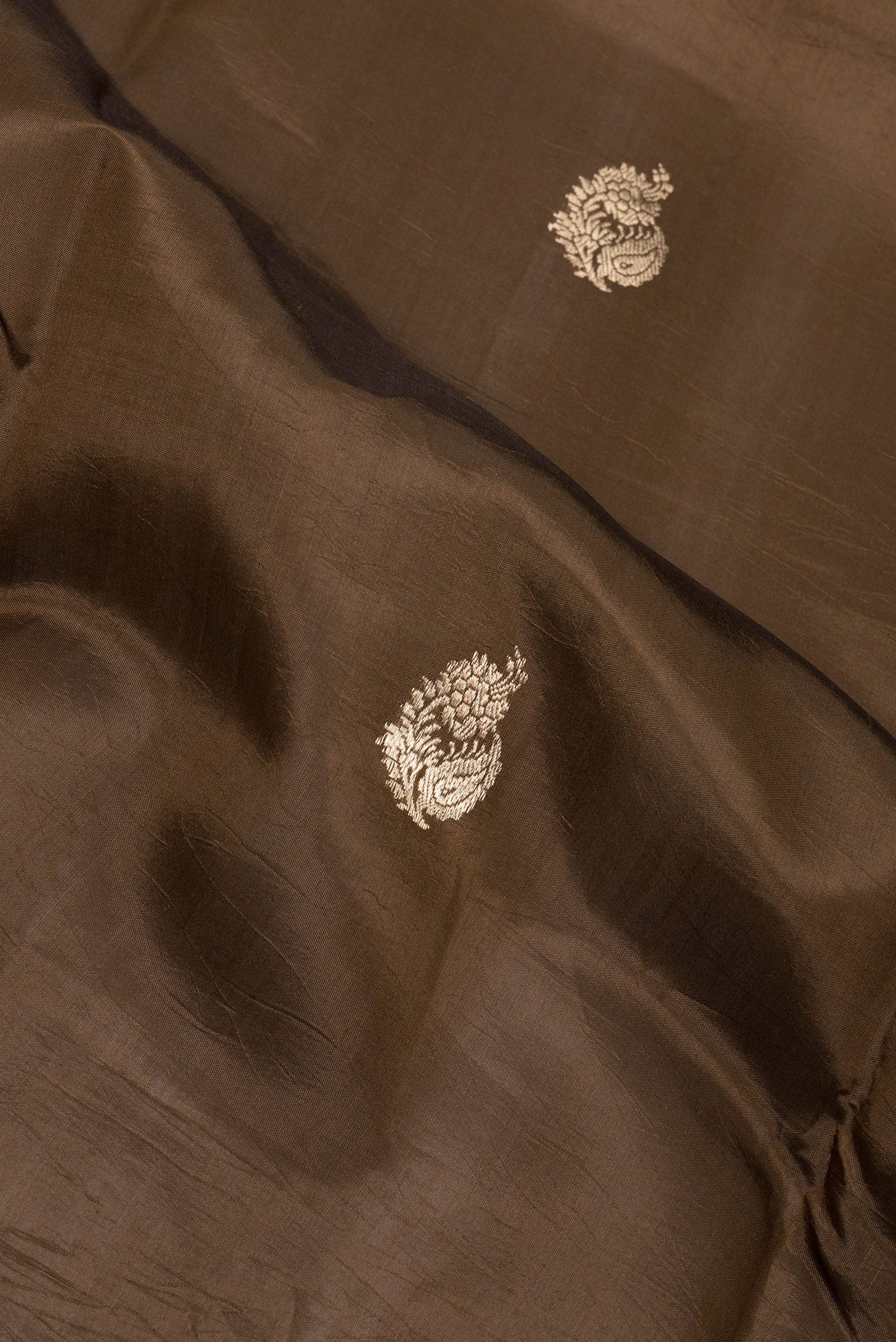 Close up of Brown Dual Tone Tussar Silk Saree with Zari Butta on the body and Zari Border.  displaying folds