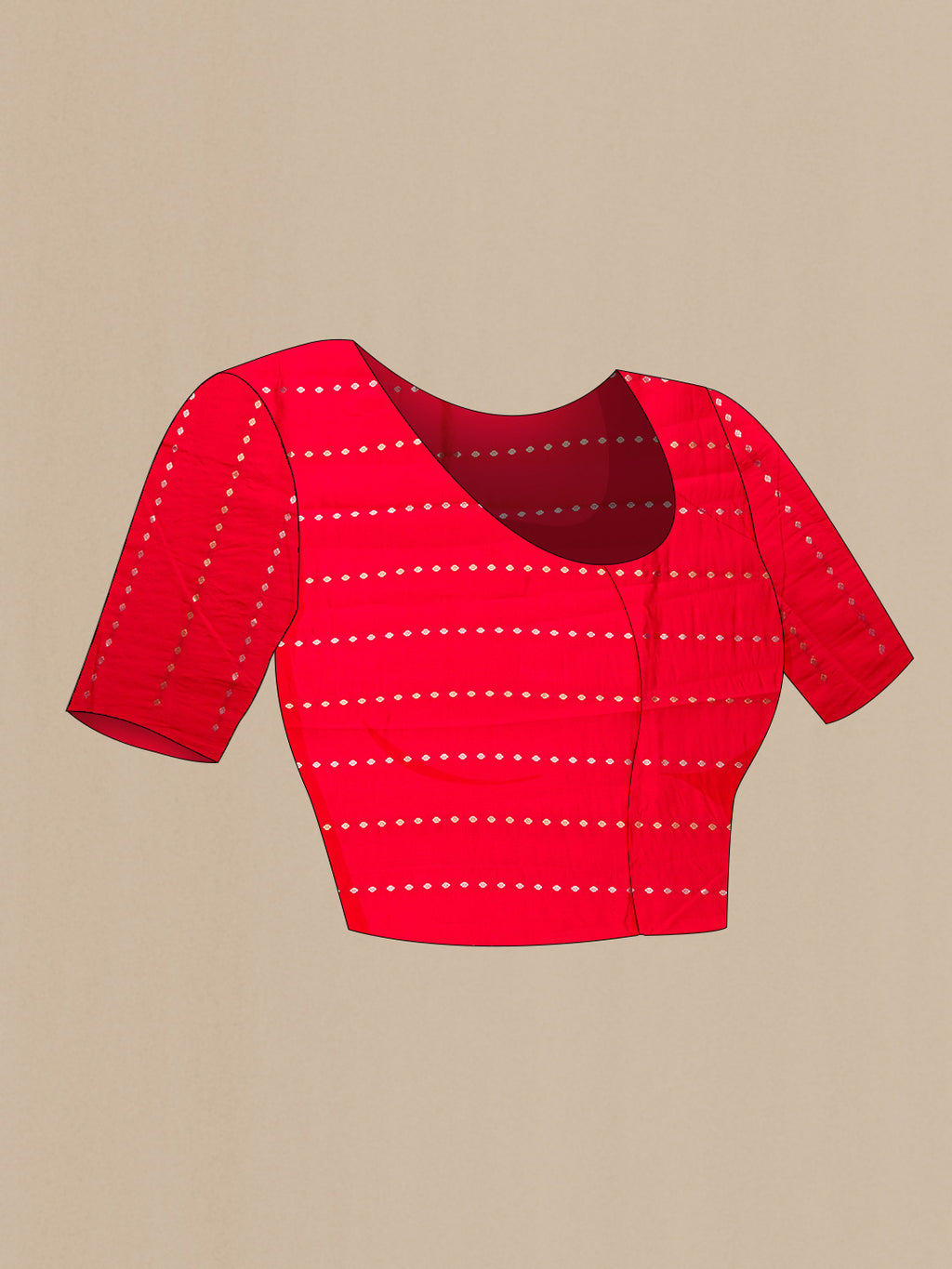 Close up image of the blouse of Red Dual Tone Tussar Silk Saree with Zari Butta on the body and Fancy Border. 