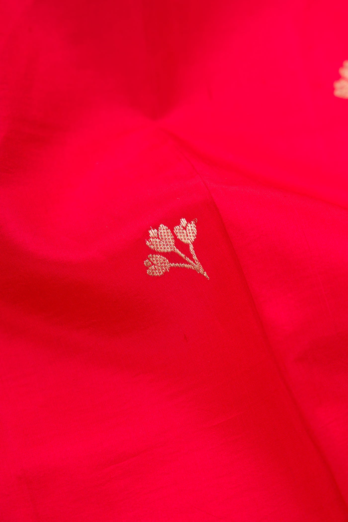 Close up of Red Dual Tone Tussar Silk Saree with Zari Butta on the body and Fancy Border.  displaying folds