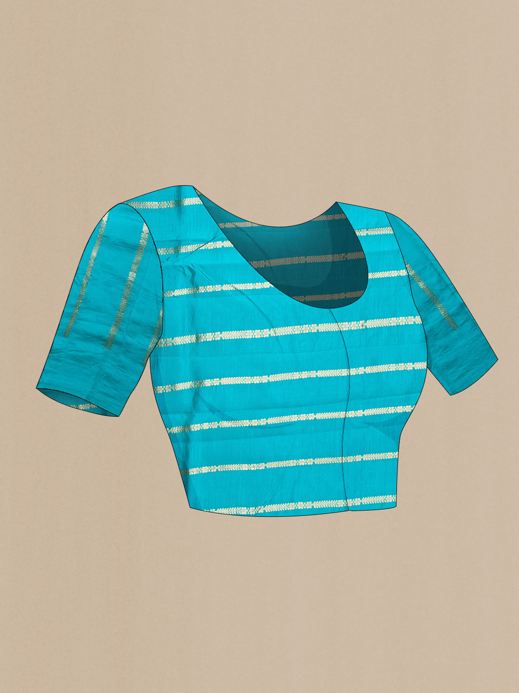 Close up image of the blouse of Peacock Blue Dual Tone Tussar Silk Saree with Zari Butta on the body and Fancy Border. 