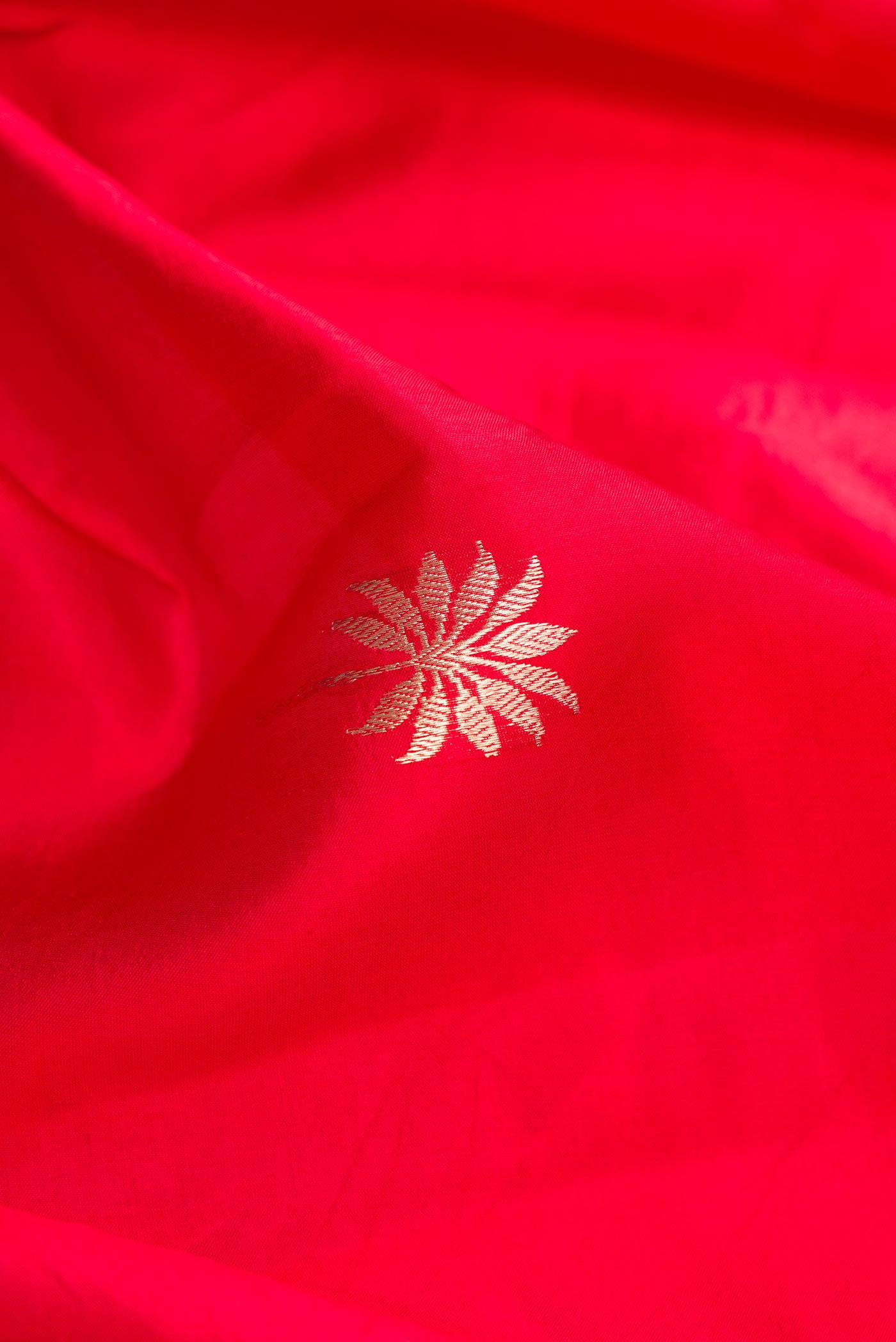 Close up of Red Dual Tone Tussar Silk Saree with Zari Butta on the body and Fancy Border.  displaying folds