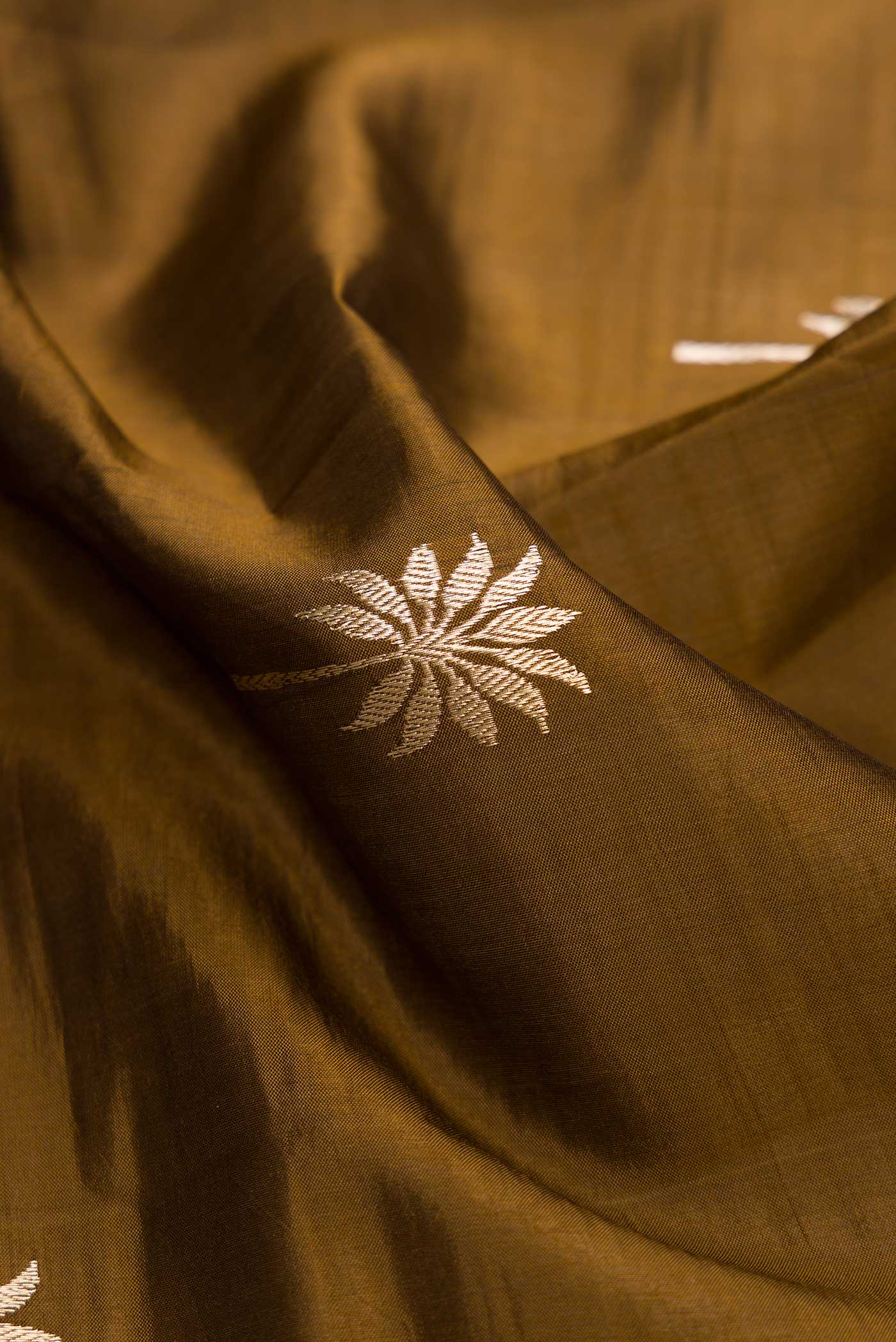 Close up of Brown Dual Tone Tussar Silk Saree with Zari Butta on the body and Fancy Border.  displaying folds