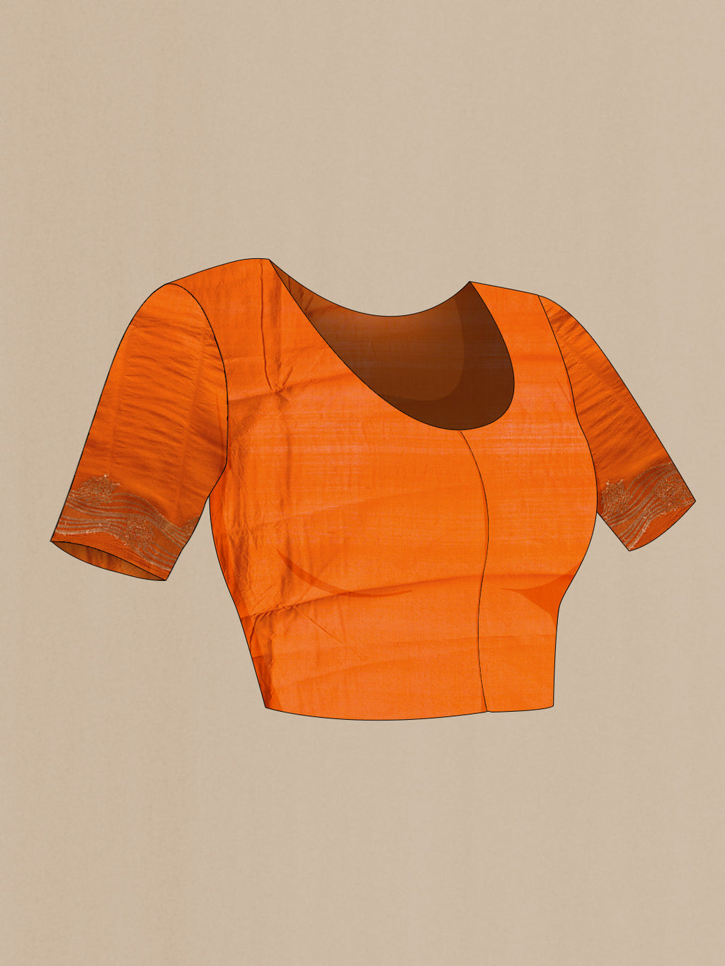 Close up image of the blouse of Orange Dual Tone Tussar Silk Saree with Zari Butta on the body and Fancy Border. 