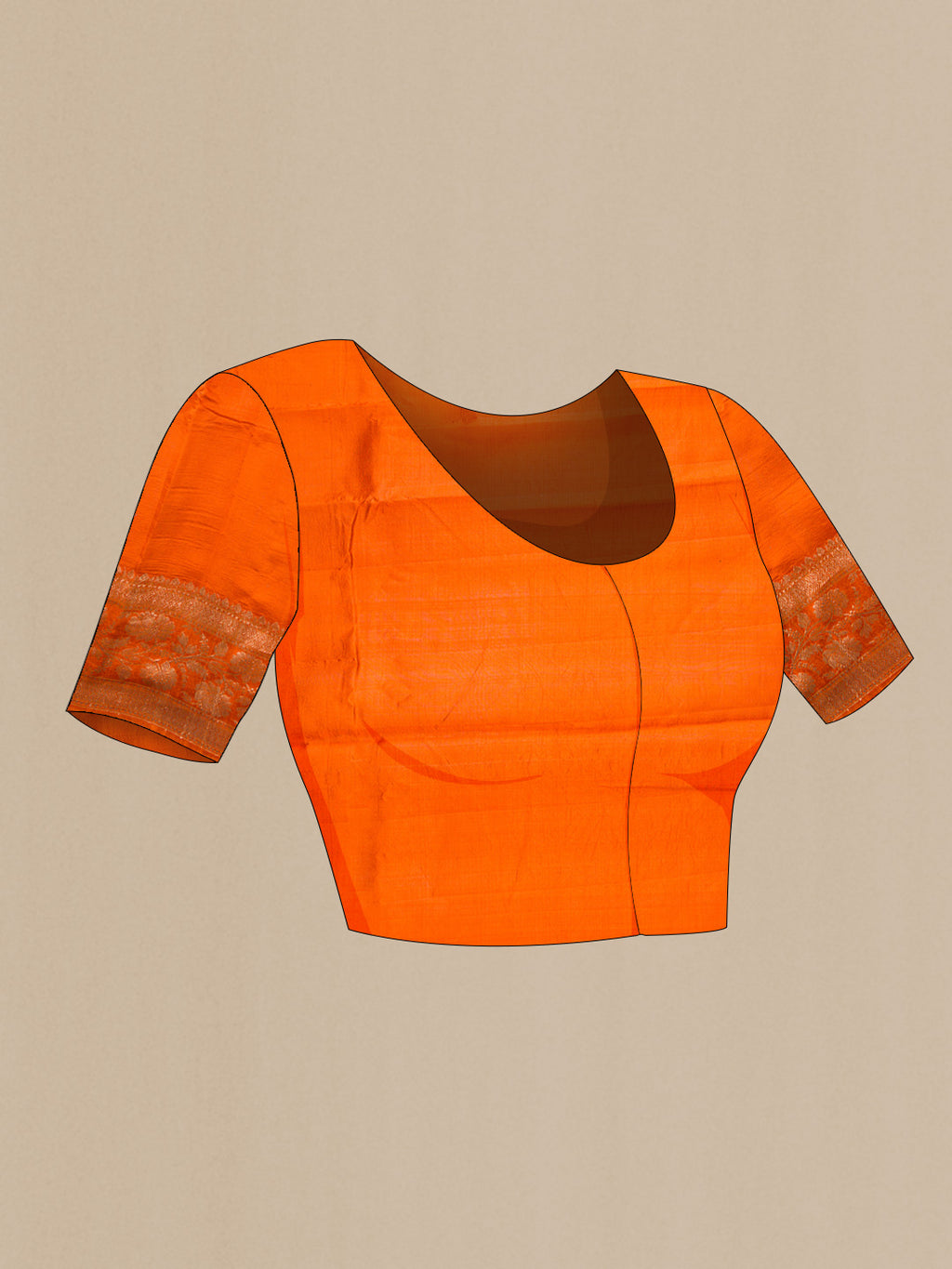 Close up image of the blouse of Orange Dual Tone Tussar Silk Saree with Zari Butta on the body and Zari Border. 