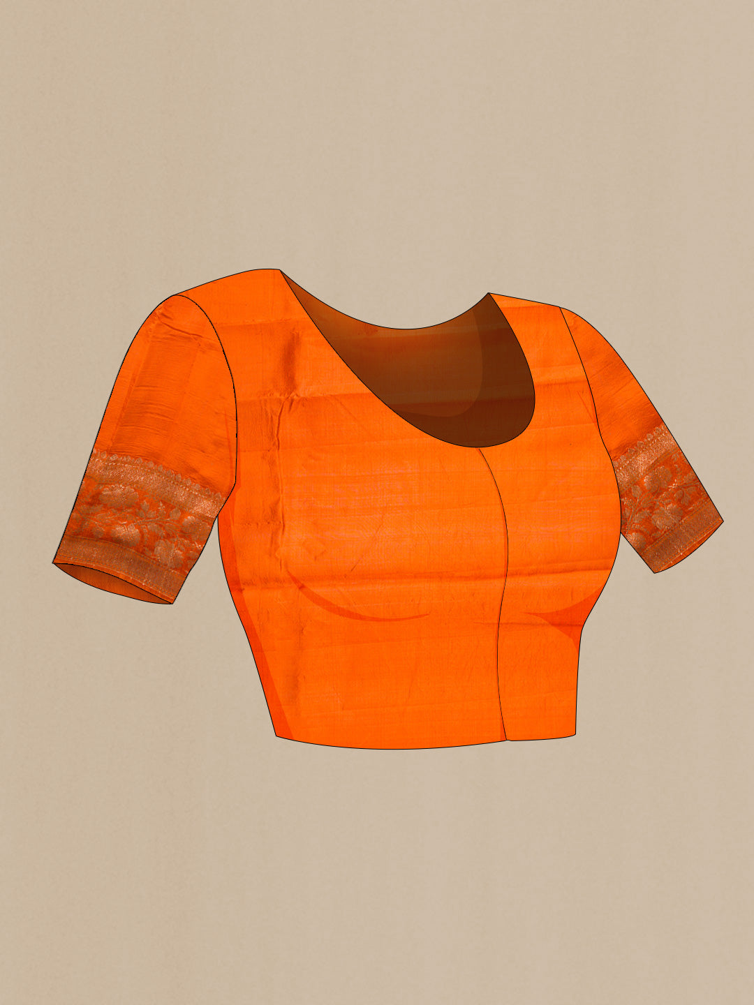 Close up image of the blouse of Orange Dual Tone Tussar Silk Saree with Zari Butta on the body and Zari Border. 
