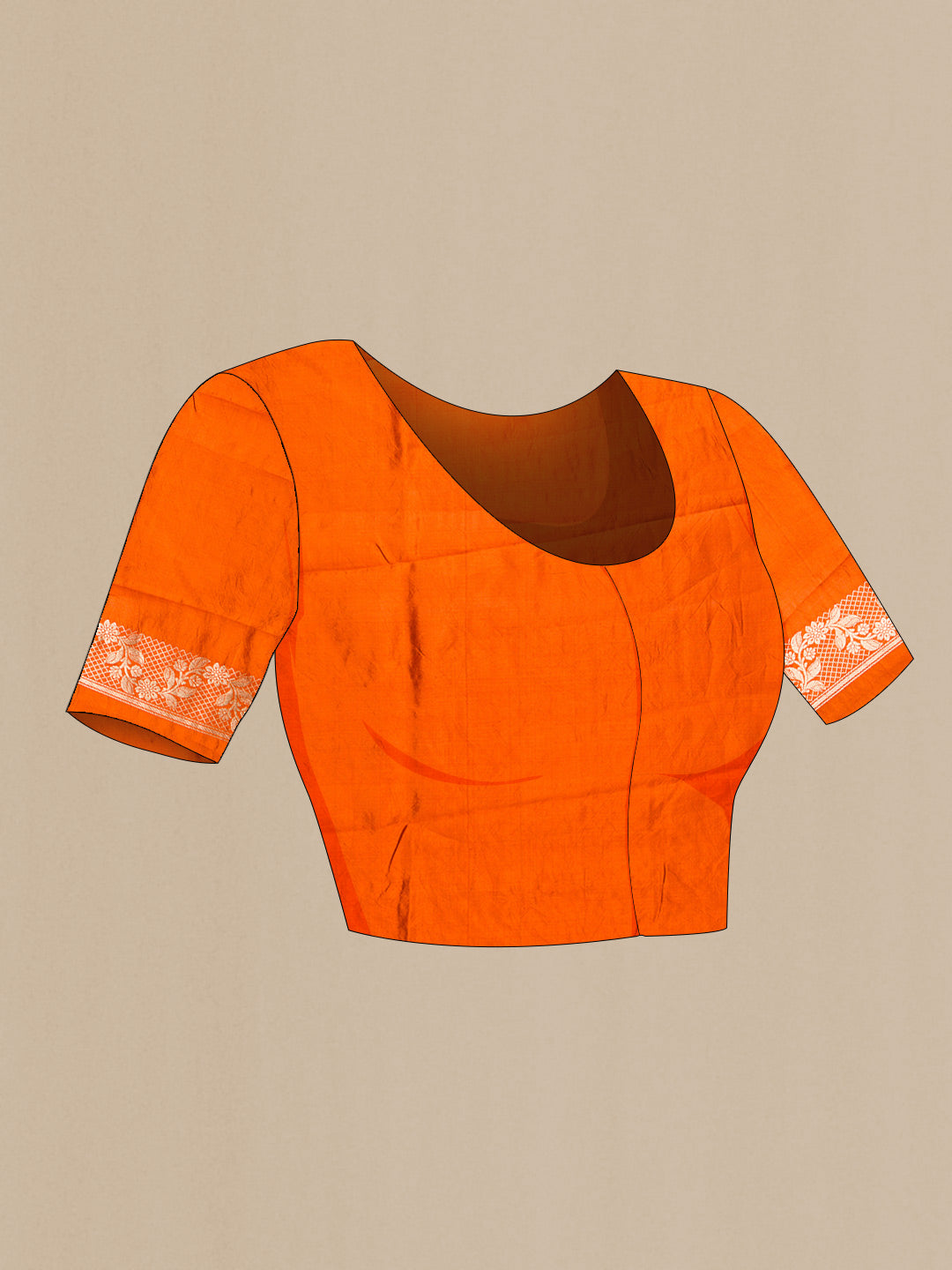 Close up image of the blouse of Orange Dual Tone Tussar Silk Saree with Zari Butta on the body and Fancy Border. 