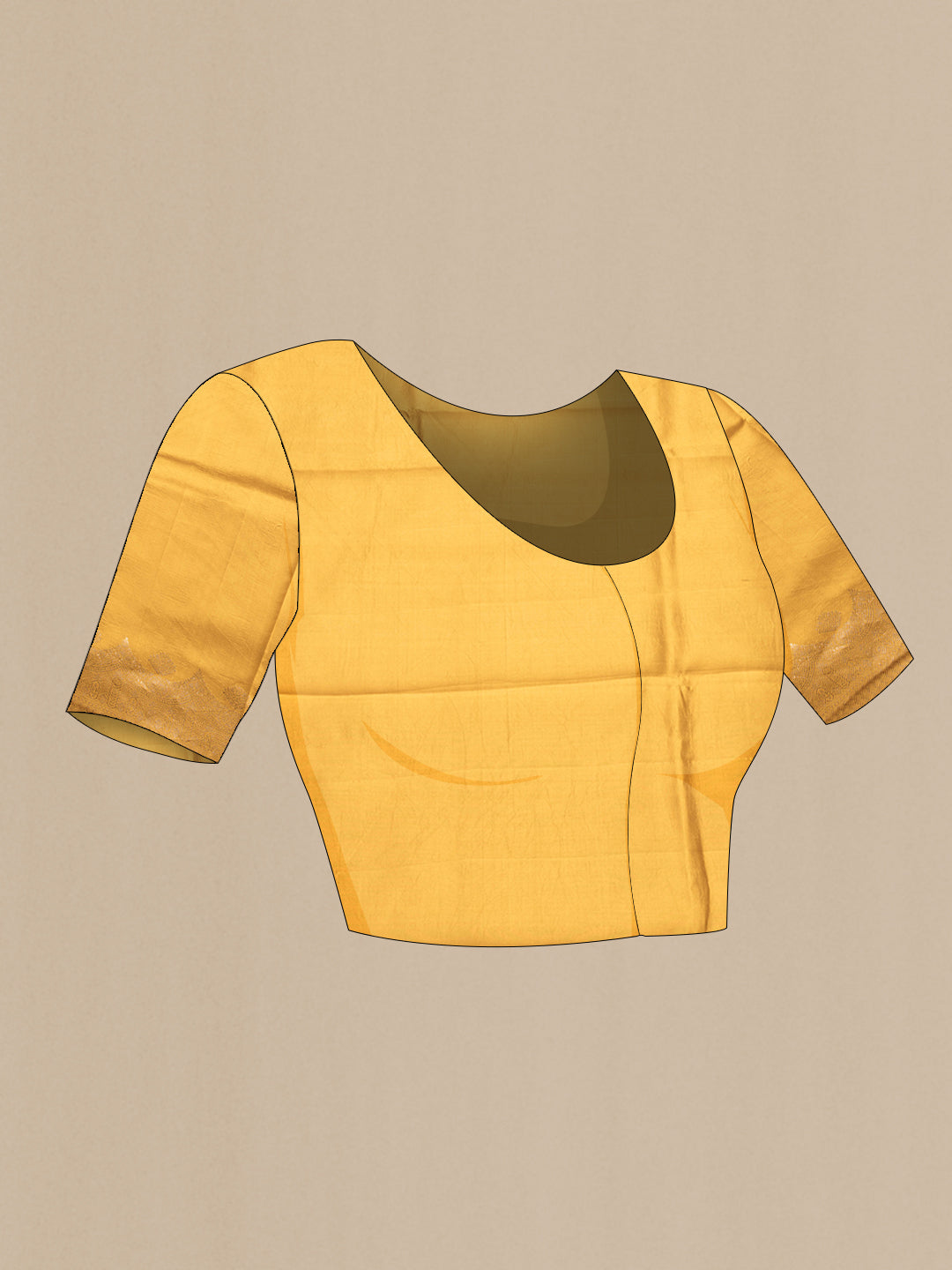 Close up image of the blouse of Mustard Dual Tone Tussar Silk Saree with Zari Butta on the body and Fancy Border. 